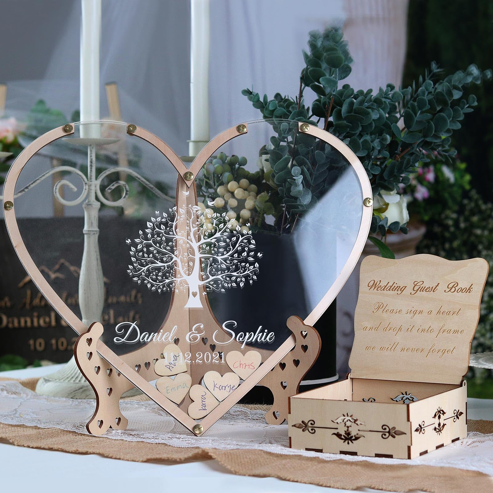 Personalized Tree Heart Drop Guest Sign with Box & Small Hearts - Rustic Wedding Guest Book Alternative for Weddings, Anniversaries & Birthdays | Perfect for Rustic Decor, Reception Keepsake & Special Event Memories (Style8, Heart)