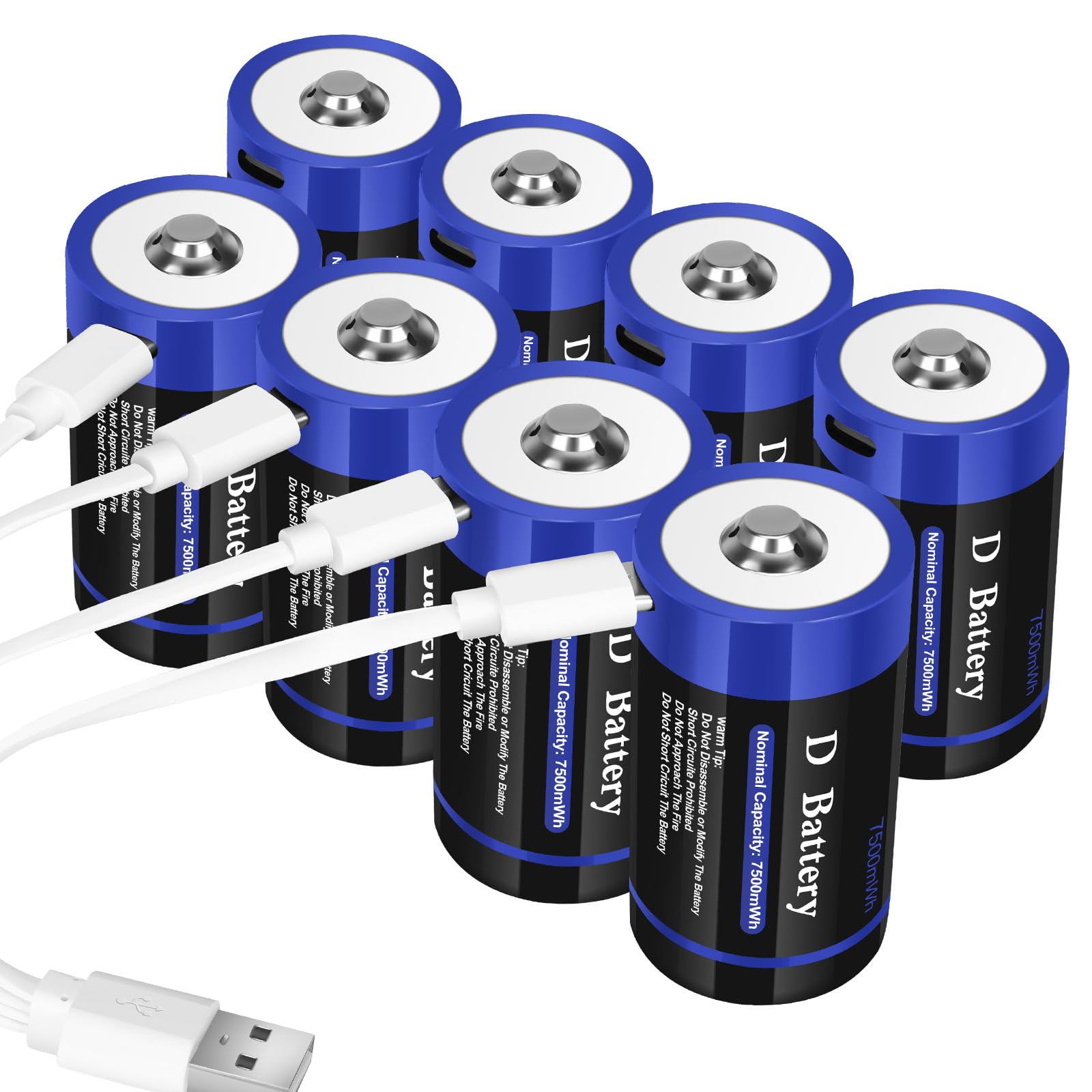 8 Pack Rechargeable D Batteries 7500mWh - Lithium LR20 1.5V D Size Batteries with 4-in-1 USB-C Charging Cable for Flashlights, Toys, Emergency Lights & Outdoor Gear