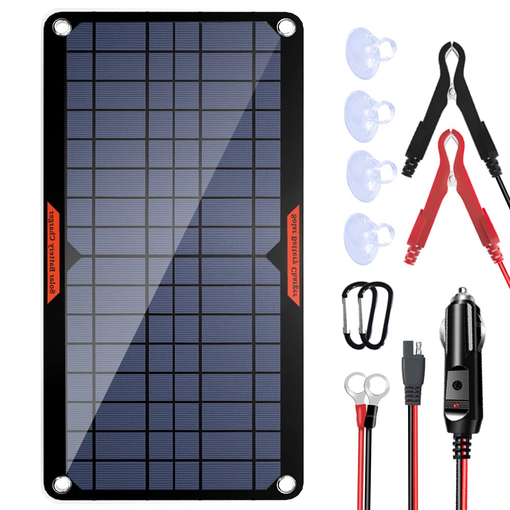 10W 12V Solar Panel Car Battery Charger - Portable Waterproof Solar Power Trickle Charger & Maintainer for Car, Boat, RV, Automotive - Includes Cigarette Lighter Plug & Alligator Clips - Perfect for Road Trips, Camping & Emergency Power Backup