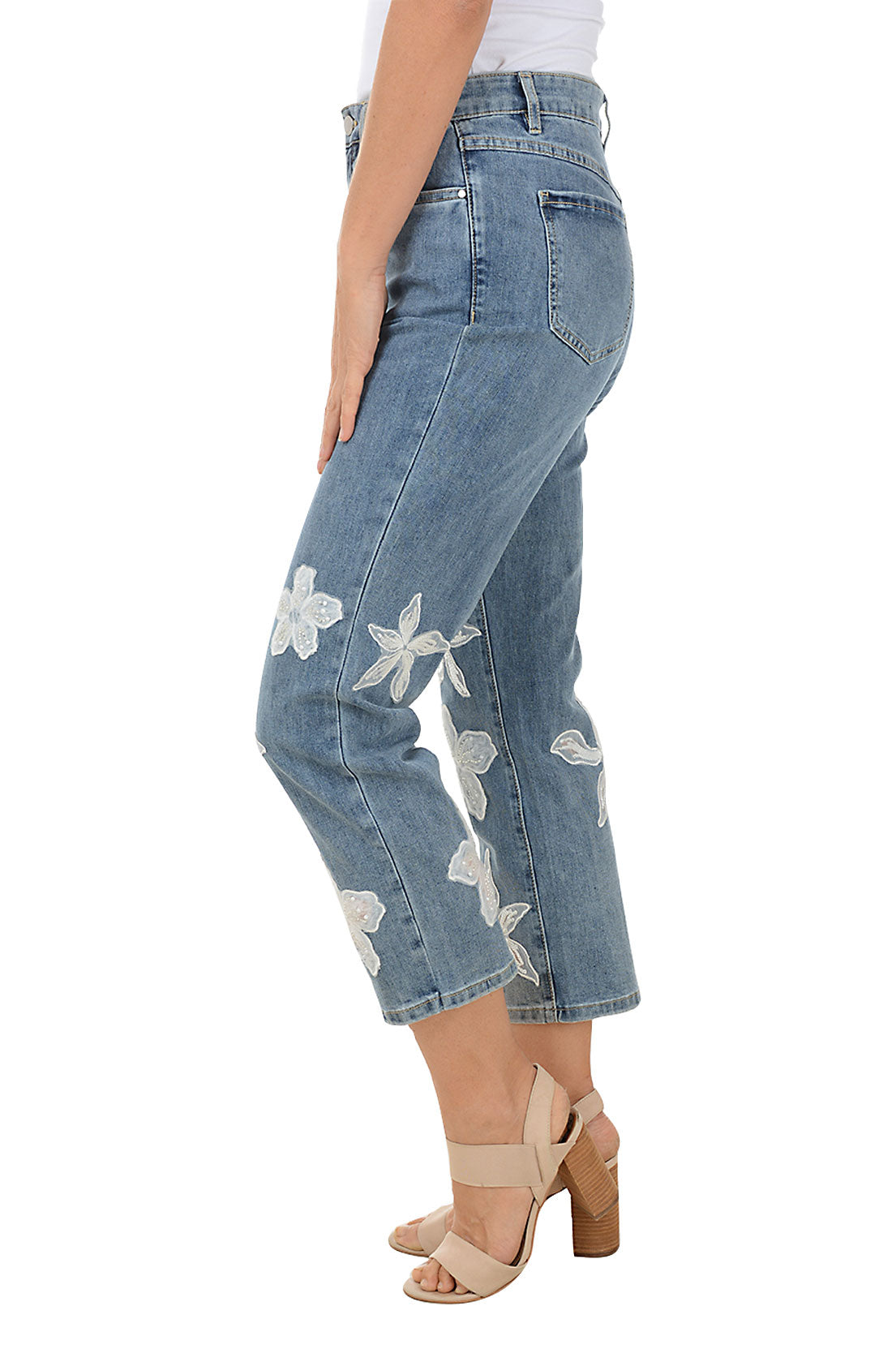 Floral Applique Denim Crop Pants - Women's High Waisted Distressed Jeans for Casual Outfits & Summer Fashion