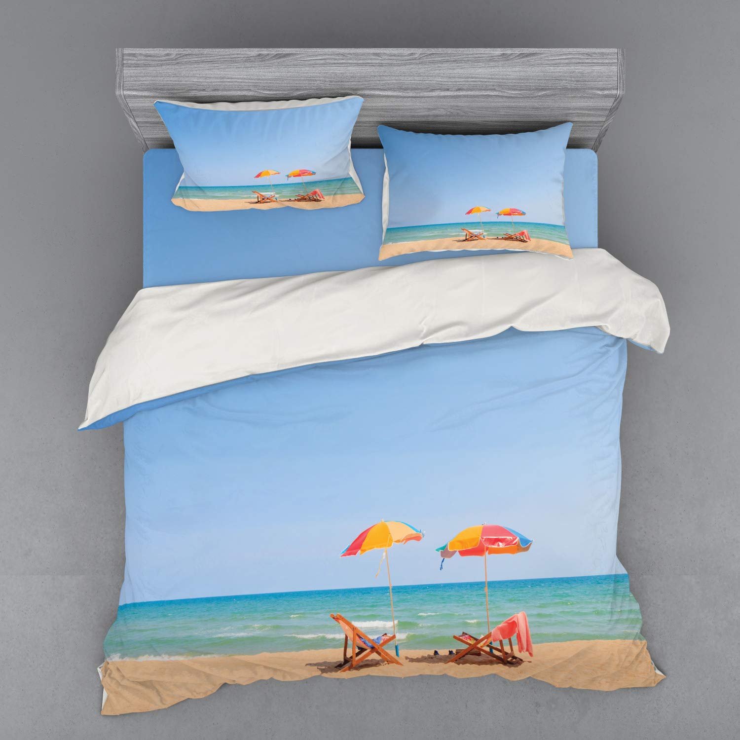 Ambesonne Seaside Bedding Set - King Size 4-Piece Duvet Cover Set with Shams & Fitted Sheet, Turquoise Beige Beach Chair Umbrella Print | Coastal Decor for Bedroom, Vacation Home, or Beach House Theme