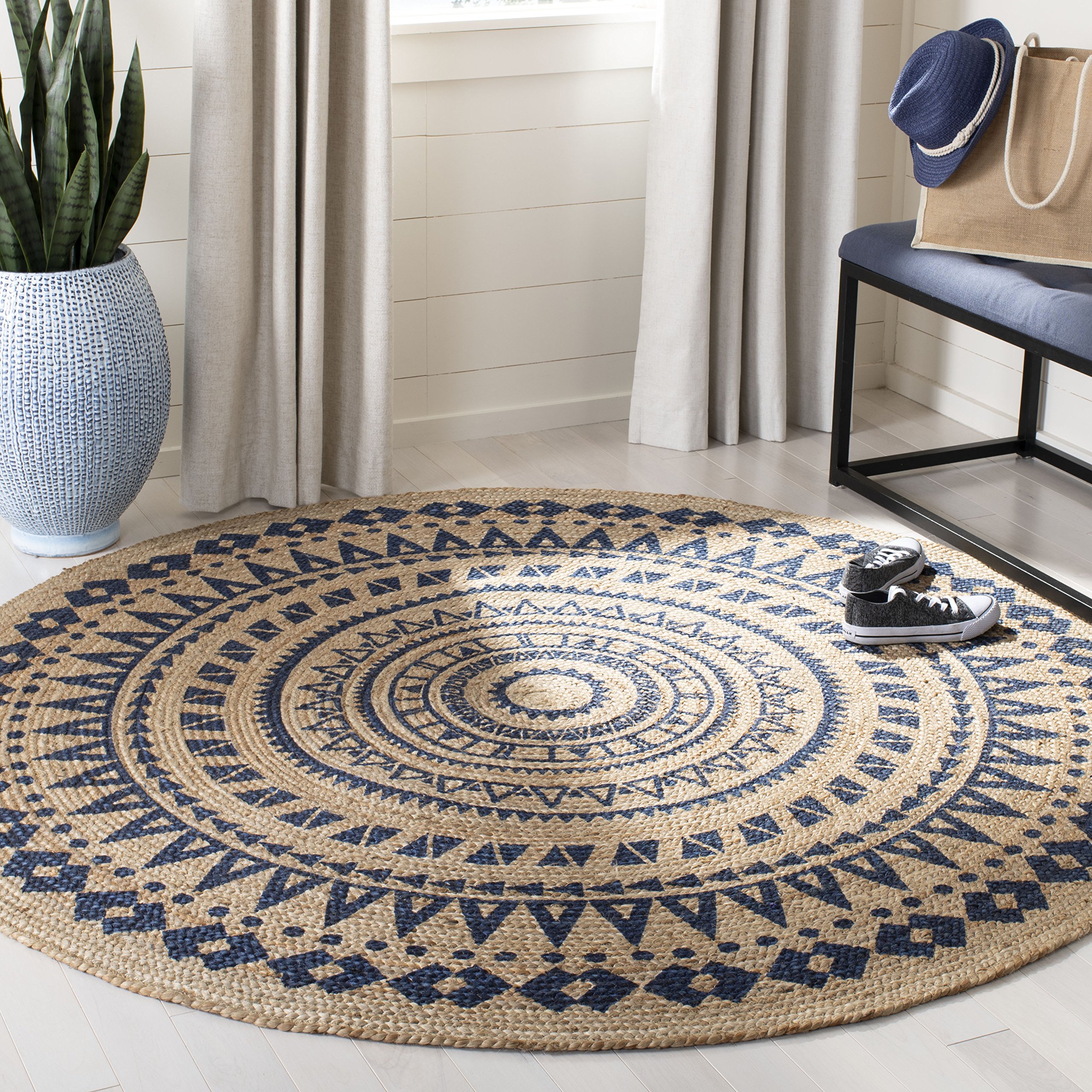 SAFAVIEH Handmade Boho Mandala Braided Jute Area Rug - 8' Round Royal Blue Natural Fiber Rug for Living Room, Bedroom & Boho Decor (NF802D)