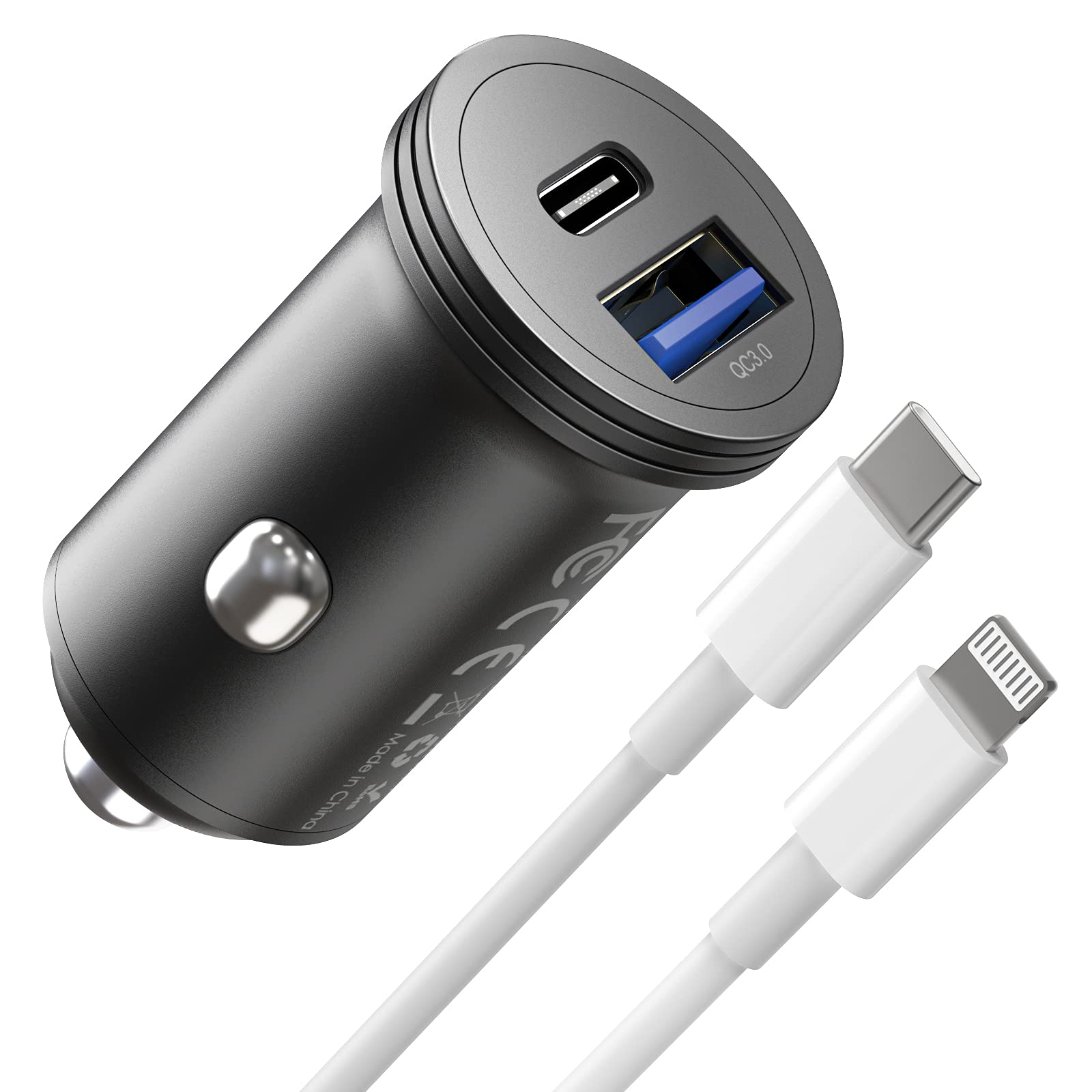 43W Fast USB C Car Charger for iPhone 13/12/11/X/8 - Dual Port 25W USB-C & 18W USB Car Adapter with Lightning Cable - Compatible with iPhone 13 Pro Max/12 Pro/XR/XS/8 Plus - Perfect for Road Trips & Daily Commuting