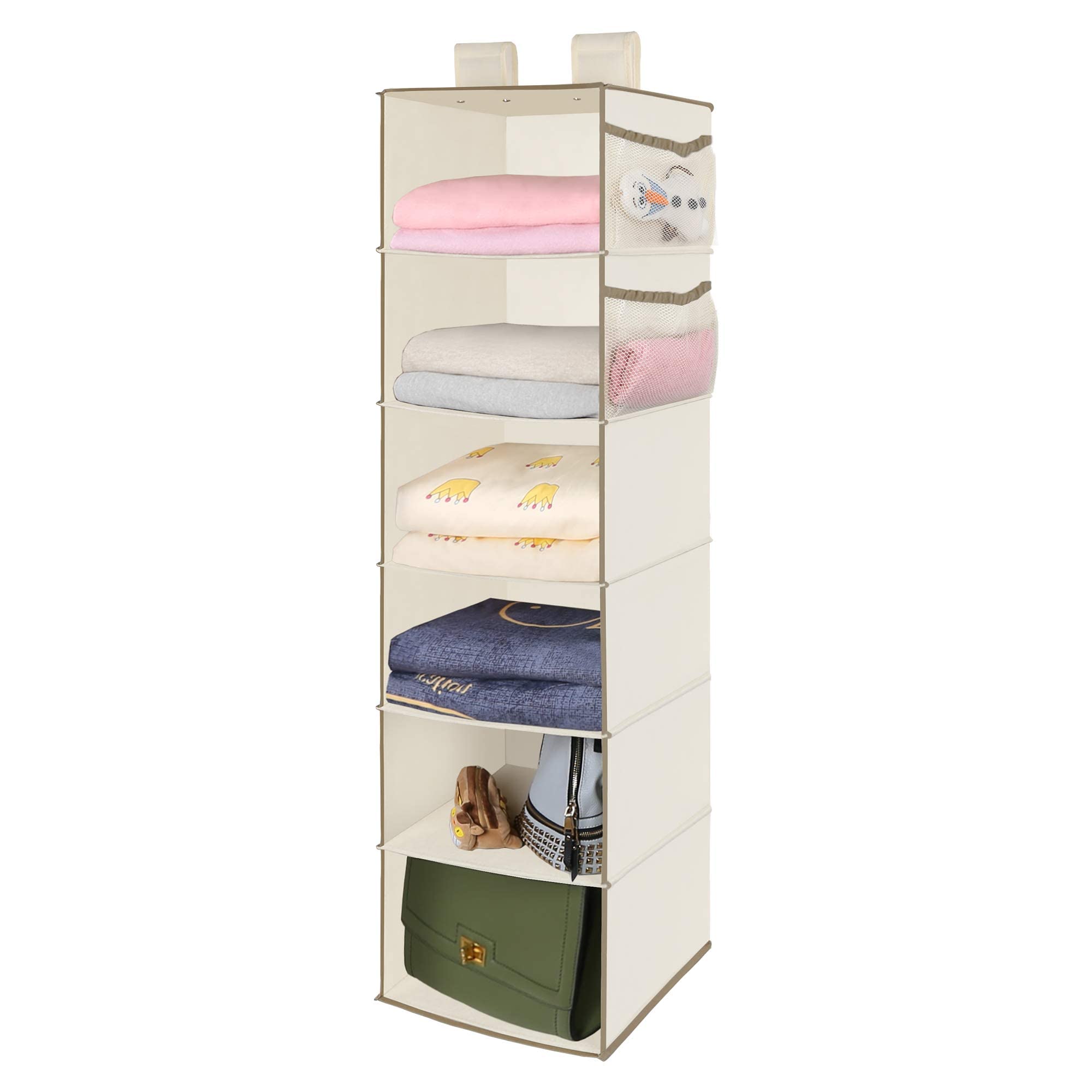 MAX Houser 6-Tier Hanging Closet Organizer Shelf with 2 Heavy-Duty Hooks - Foldable Space-Saving Storage Solution for Bedroom, Closet & Dorm (Grey & Beige) - Perfect for Organizing Clothes, Shoes & Accessories