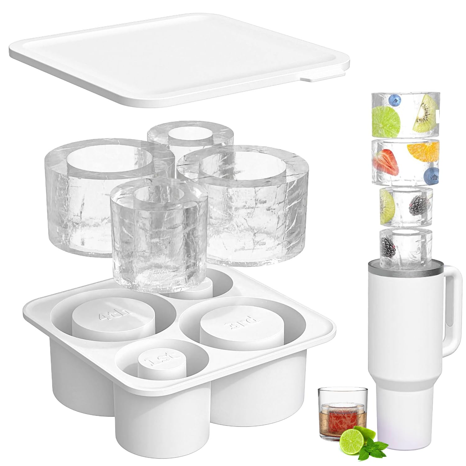 Stanley Cup Ice Mold - 4 Pack Silicone Hollow Cylinder Ice Cube Trays with Lid & Bin for 20oz 30oz 40oz Tumblers | Perfect for Freezer, Cocktails, Iced Coffee, Whiskey & Cold Drinks (White) - Party Essentials & Home Bar Accessories