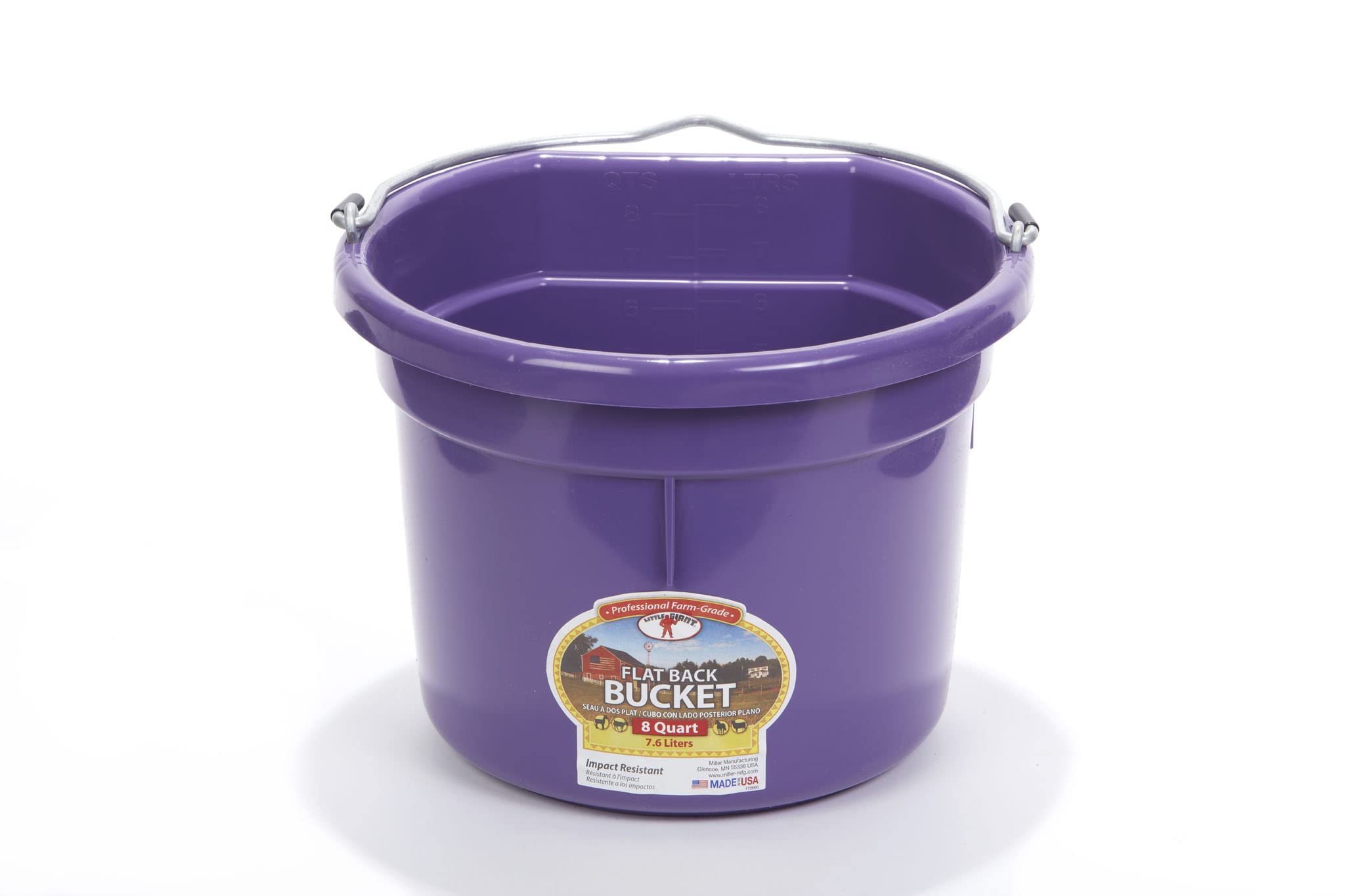 Little Giant® Flat Back Plastic Animal Feed Bucket with Metal Handle - 8 Quart Purple Horse Feed & Water Bucket for Stable, Barn & Pasture Use