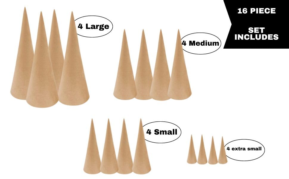 16-Piece Paper Mache Craft Cones Set - Open Bottom Cardboard Cones for DIY Gnomes, Ornaments & Tree Decorations (4 Sizes: 13.75x5