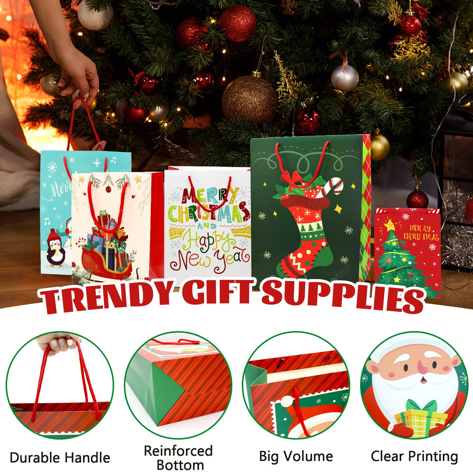 16-Piece Christmas Gift Bags Set with Handles - Assorted Sizes Holiday Paper Gift Bags for Christmas Presents, Party Favors & Festive Wrapping