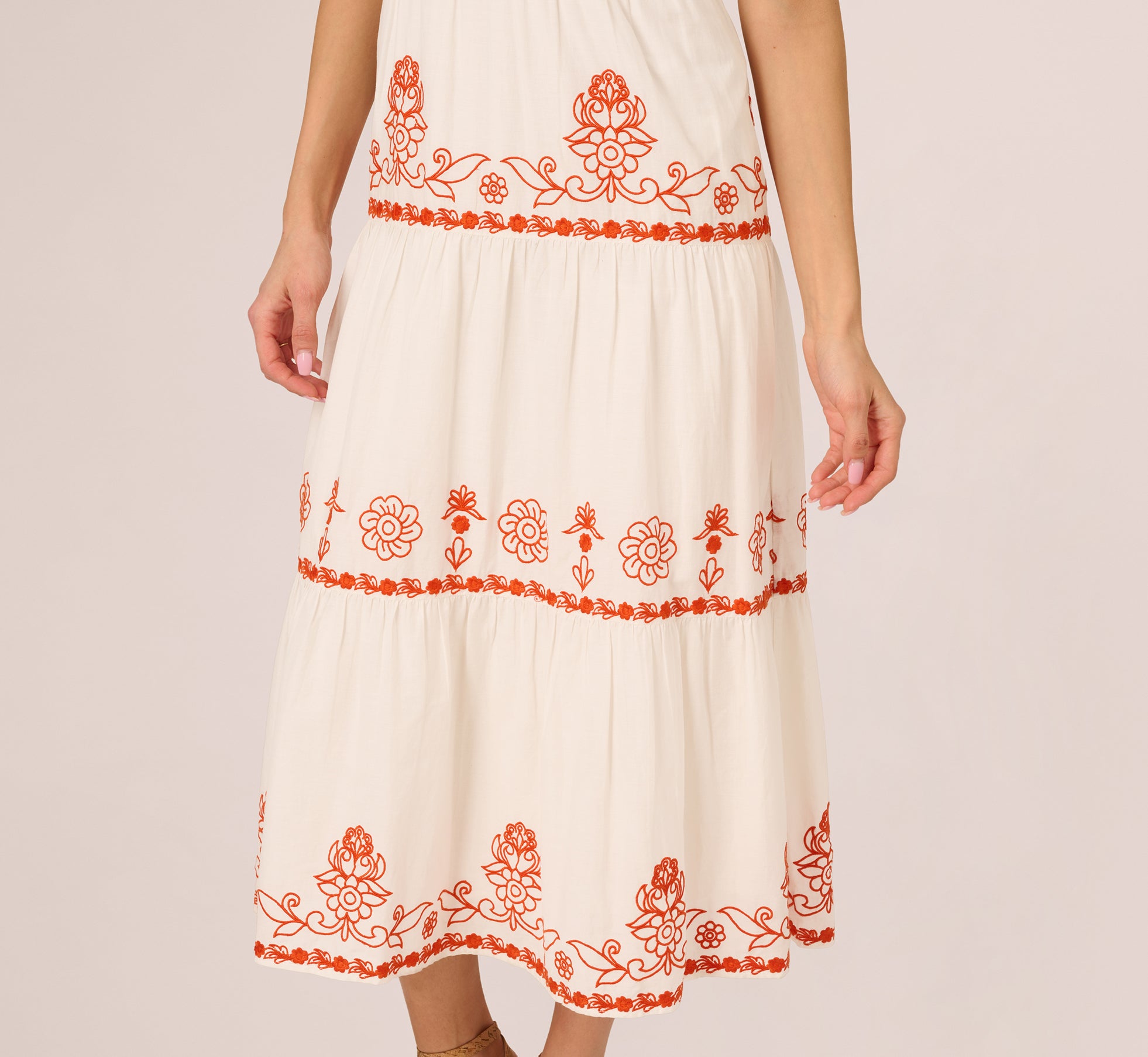 Embroidered Flutter Sleeve Tiered Midi Dress - Ivory Red Multi Color Boho Chic Summer Dress for Beach Vacation, Date Night & Casual Outings