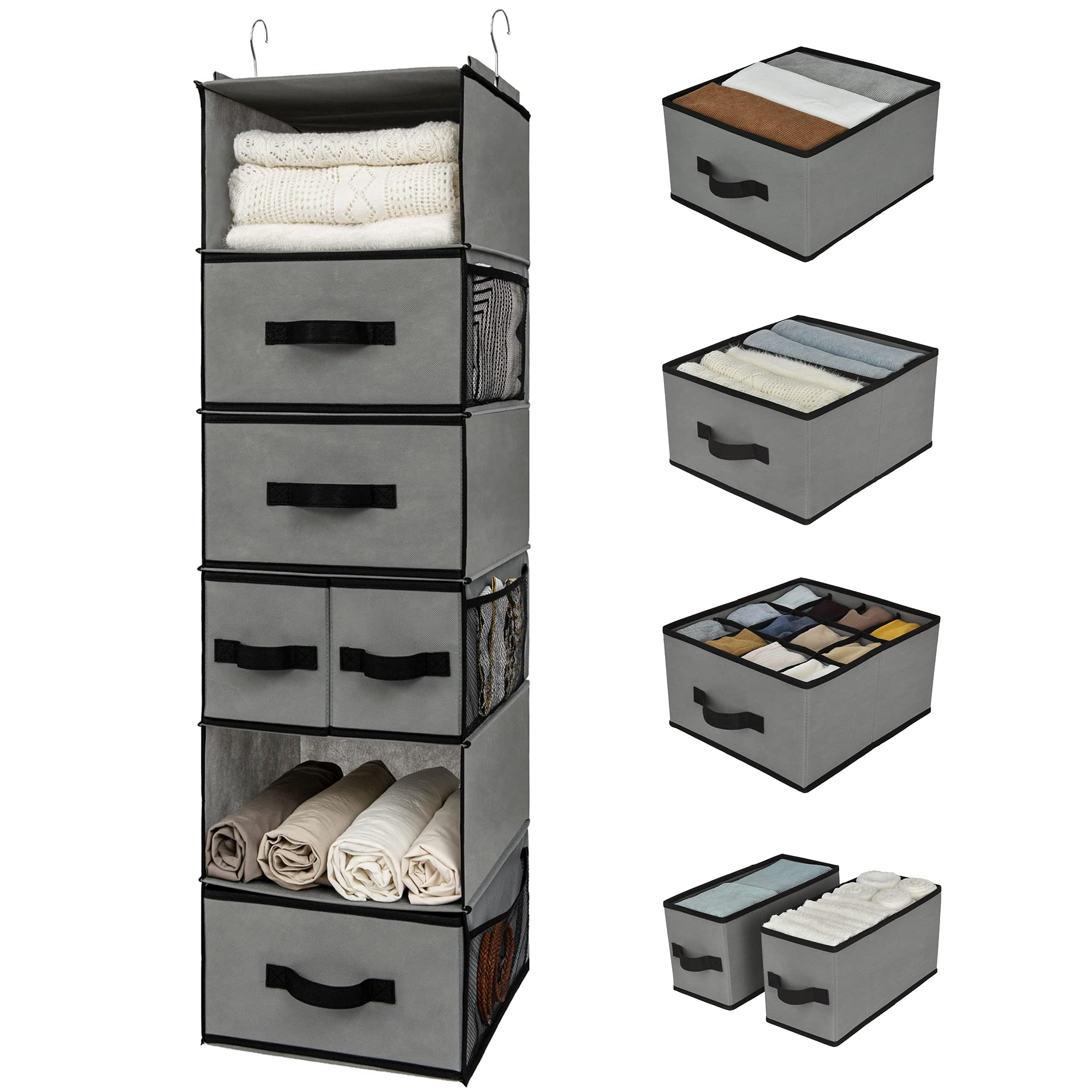 GRANNY SAYS 6-Shelf Hanging Closet Organizer with 5 Drawers & 6 Side Pockets - Space Saving Wardrobe Storage Solution for Clothes, Shoes & Accessories (Gray, 1-Pack) - Perfect for Bedroom, Dorm, Apartment & Small Space Organization