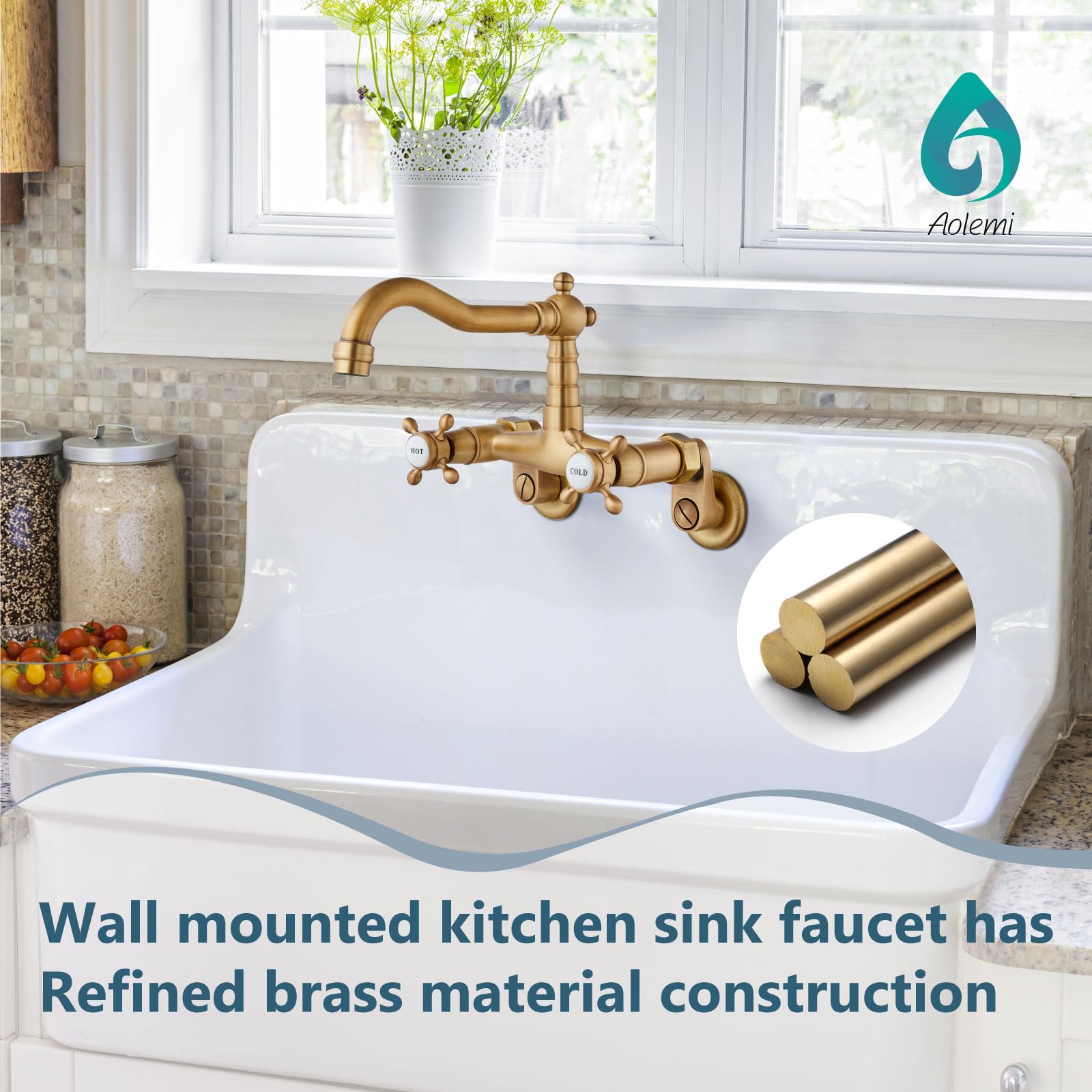 Aolemi Antique Brass Wall Mount Kitchen Faucet with 2 Cross Handles & 6 Inch Spout - Adjustable Center 3-9 Inch for Laundry Sink, Utility Sink, Basement, Garage or Outdoor Use