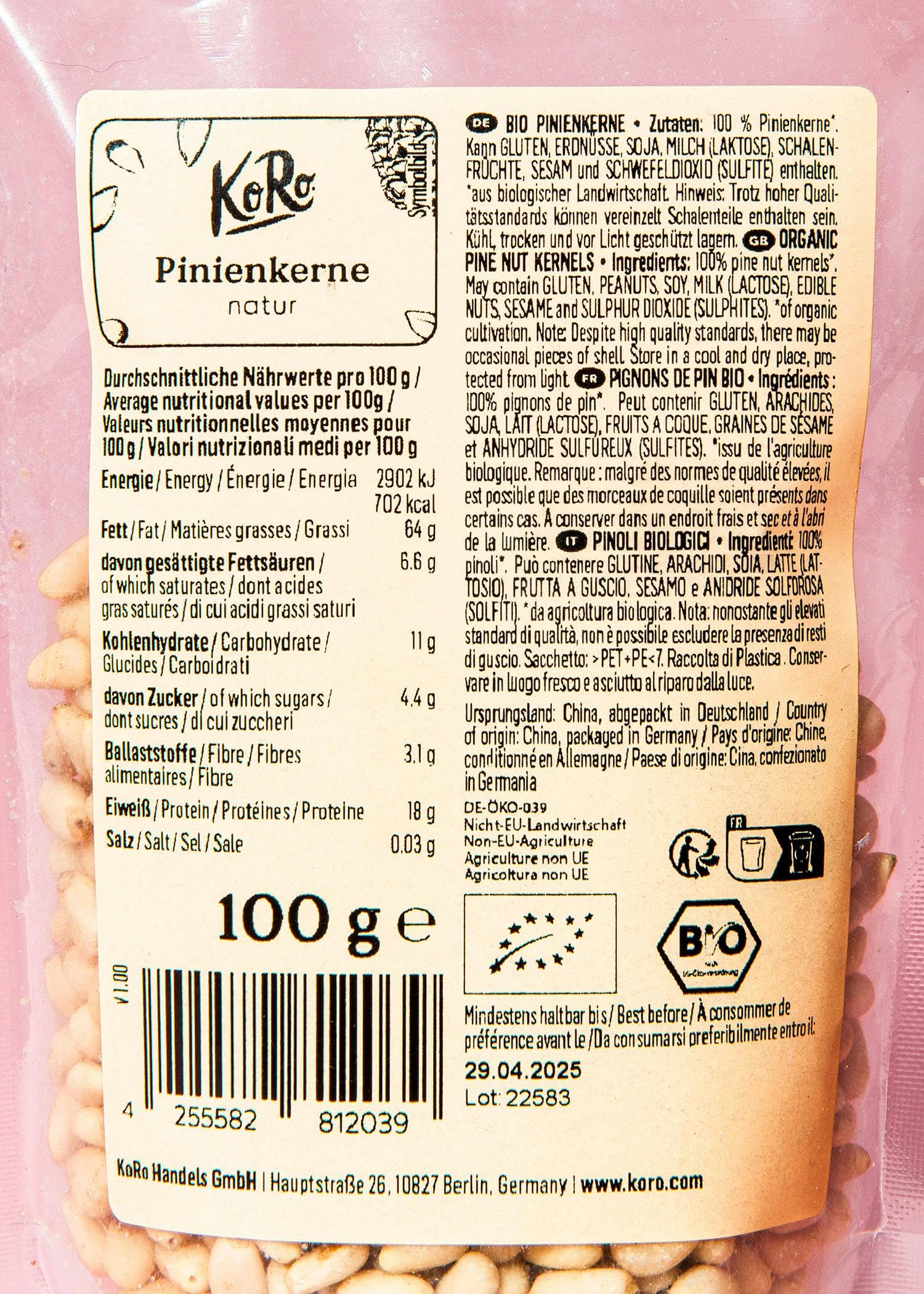 Organic Pine Nuts 100g by KoRo - Creamy Soft Raw Pine Kernels - No Preservatives, Non-GMO, Gluten-Free - Perfect for Pesto, Salads & Baking - USDA Certified Organic