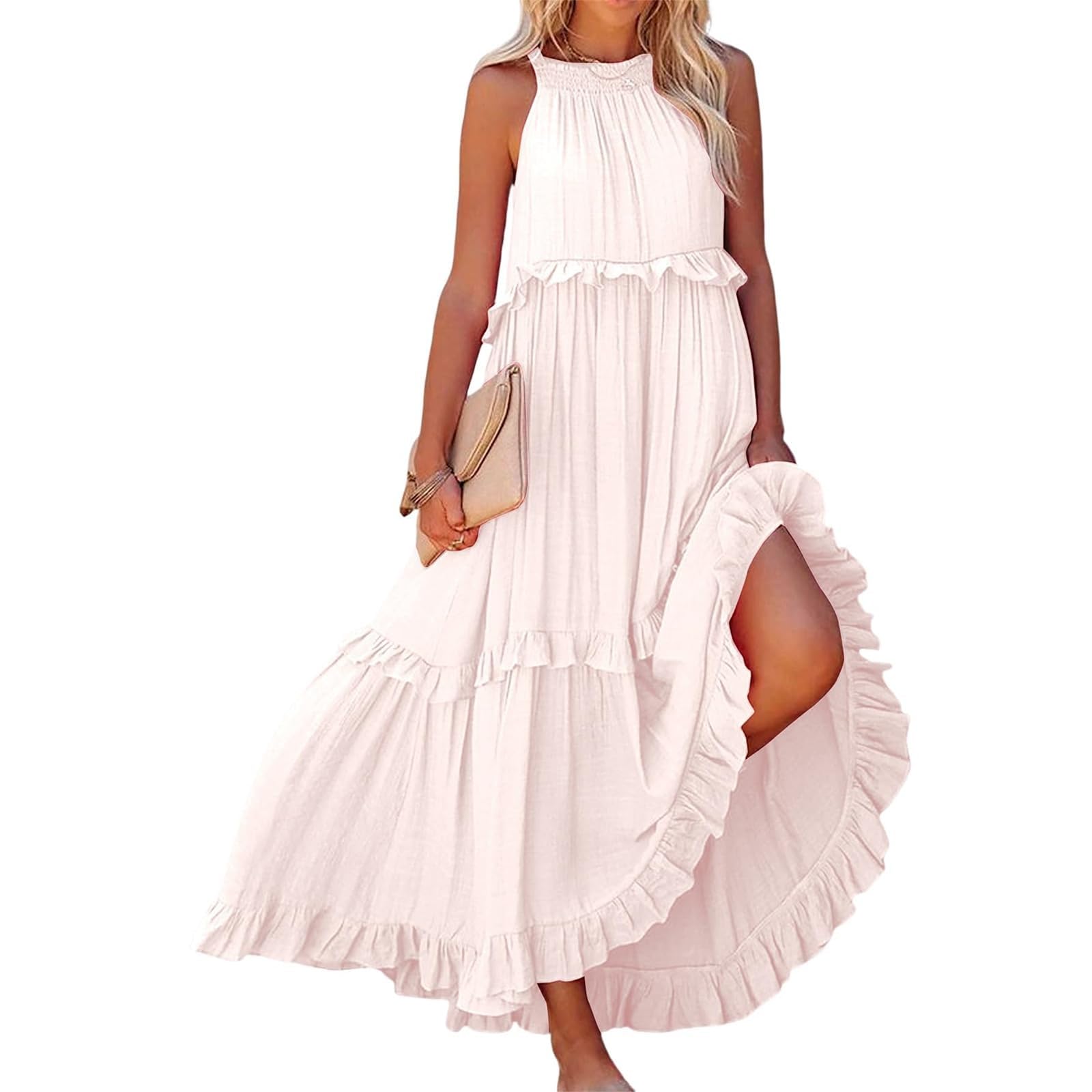 Women's Halter Neck Smocked Tiered Maxi Dress - Flowy Swing Summer Cocktail & Wedding Guest Dress with Pockets | Beach Party, Garden Wedding, Formal Occasions