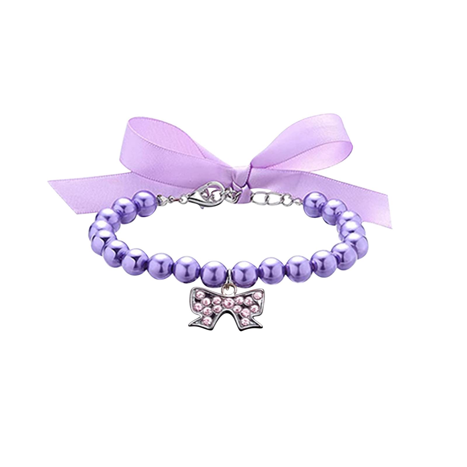 Luxury Pearls and Diamonds Dog Collar - Adjustable Pet Collar with Diamond Flash & Navy Bow Tie for Small Medium Dogs - Elegant Purple Cat Collar for Weddings, Parties & Special Occasions