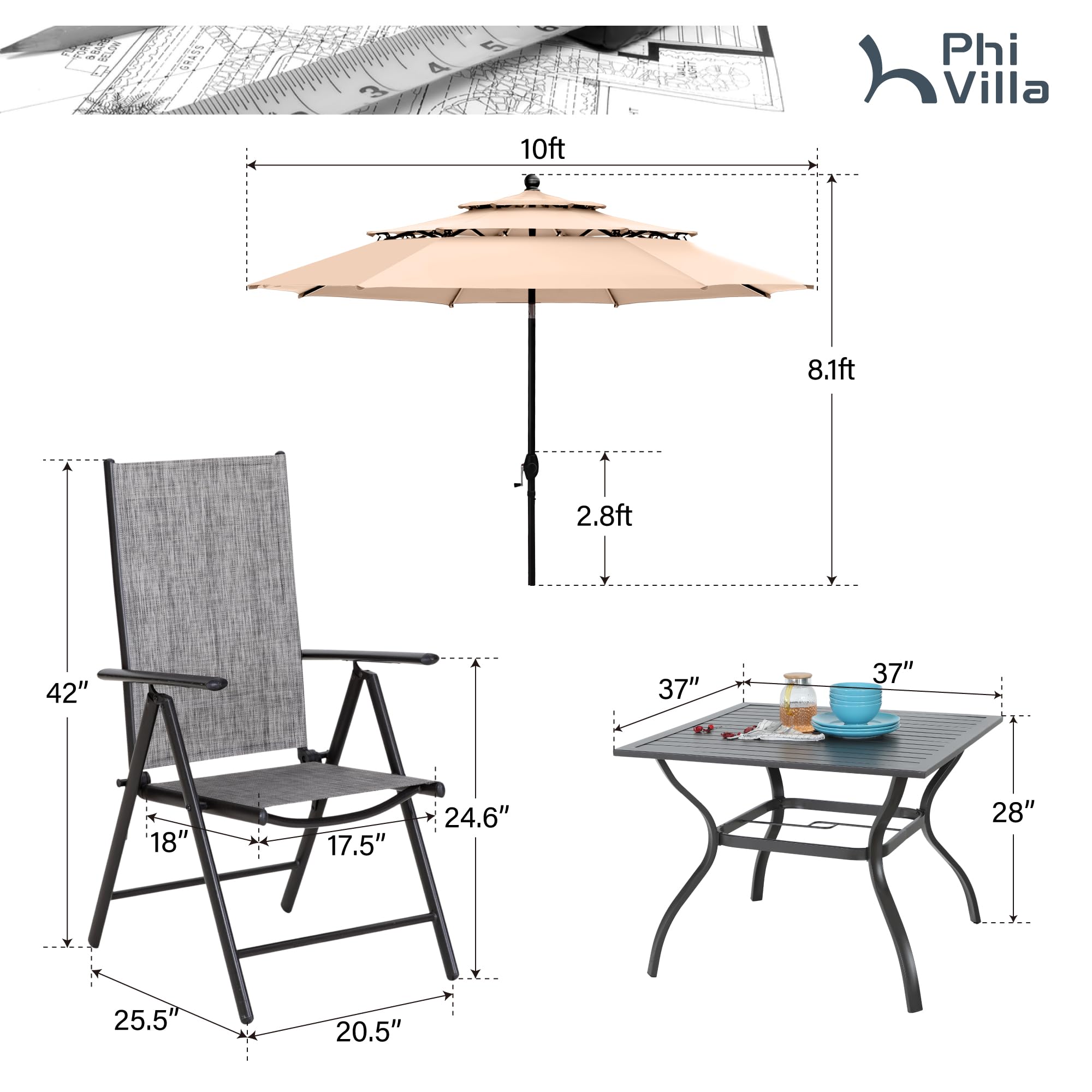PHI VILLA 4-Piece Outdoor Patio Dining Set with 10ft Umbrella - Adjustable Folding Chairs & Weather-Resistant Table - Perfect for Garden, Backyard, Poolside & Outdoor Entertaining