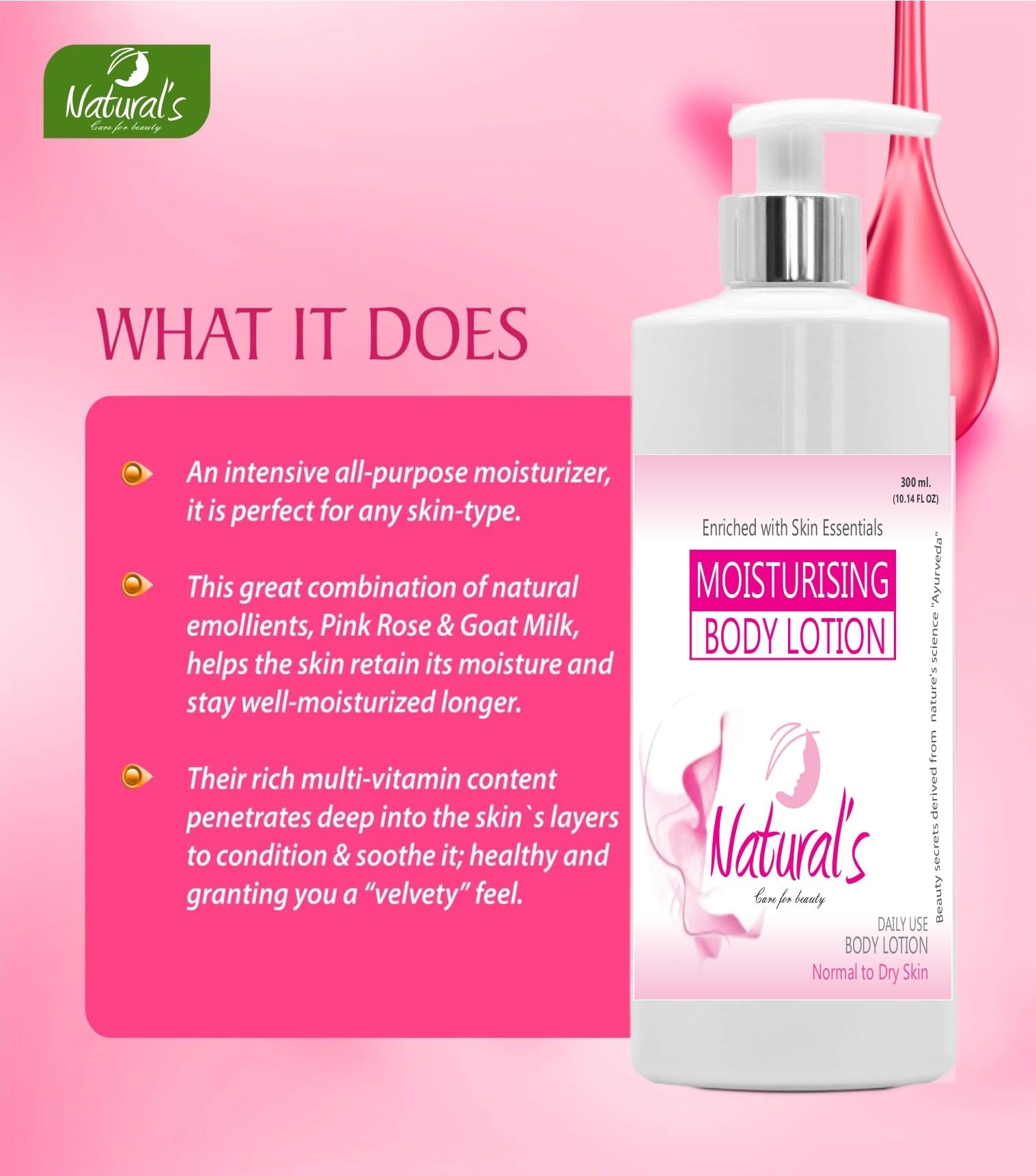 Natural's Care Ayurvedic Moisturizing Body Lotion for Dry Skin - 300ml | Organic Herbal Hydration | Daily Moisturizer for Women & Men | Perfect for Post-Shower & Winter Care