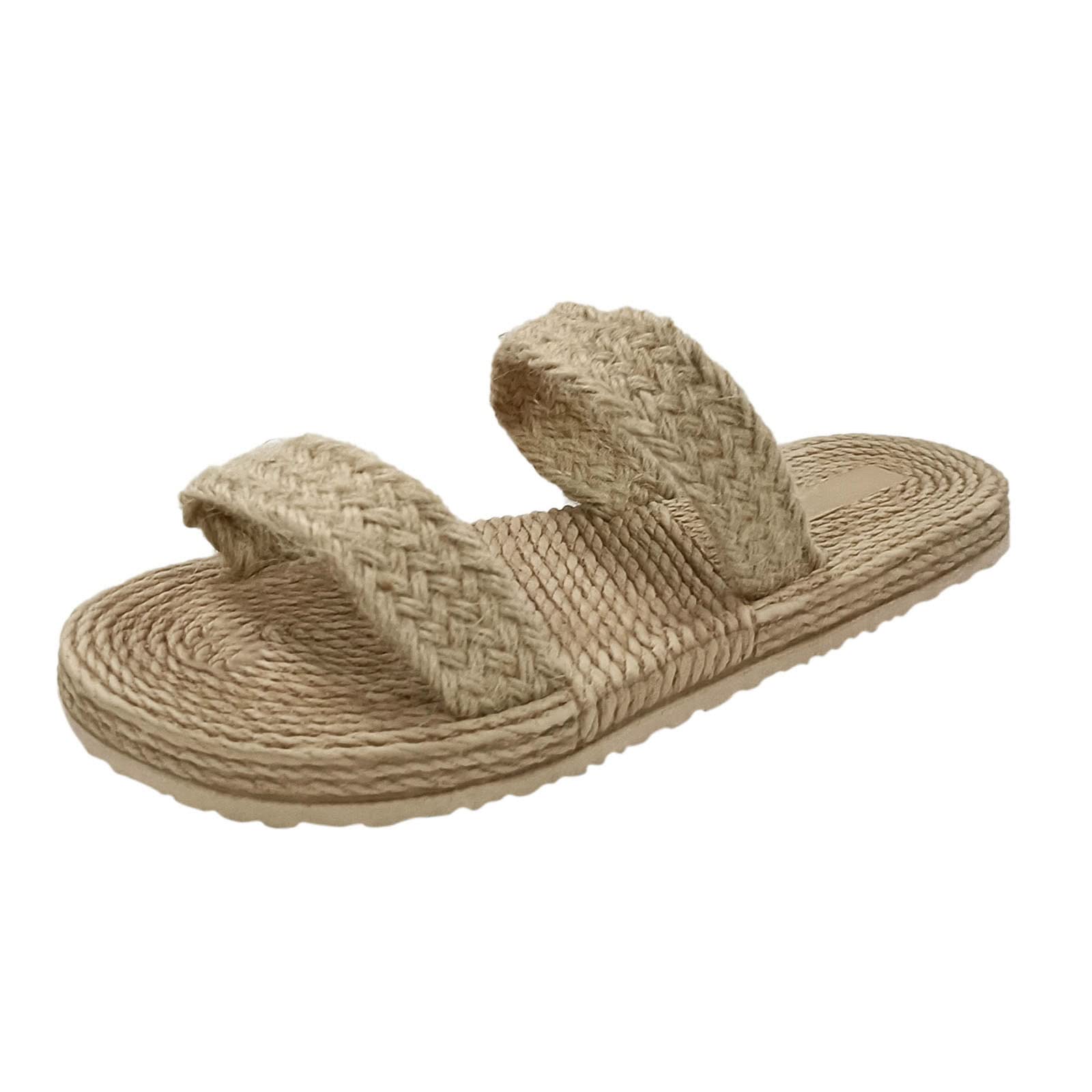 Women's Linen Straw Beach Slippers - Comfortable Flat Casual Sandals for Girls & Women - Size 9 (Beige, 8) - Perfect for Summer, Vacation, and Relaxing at Home