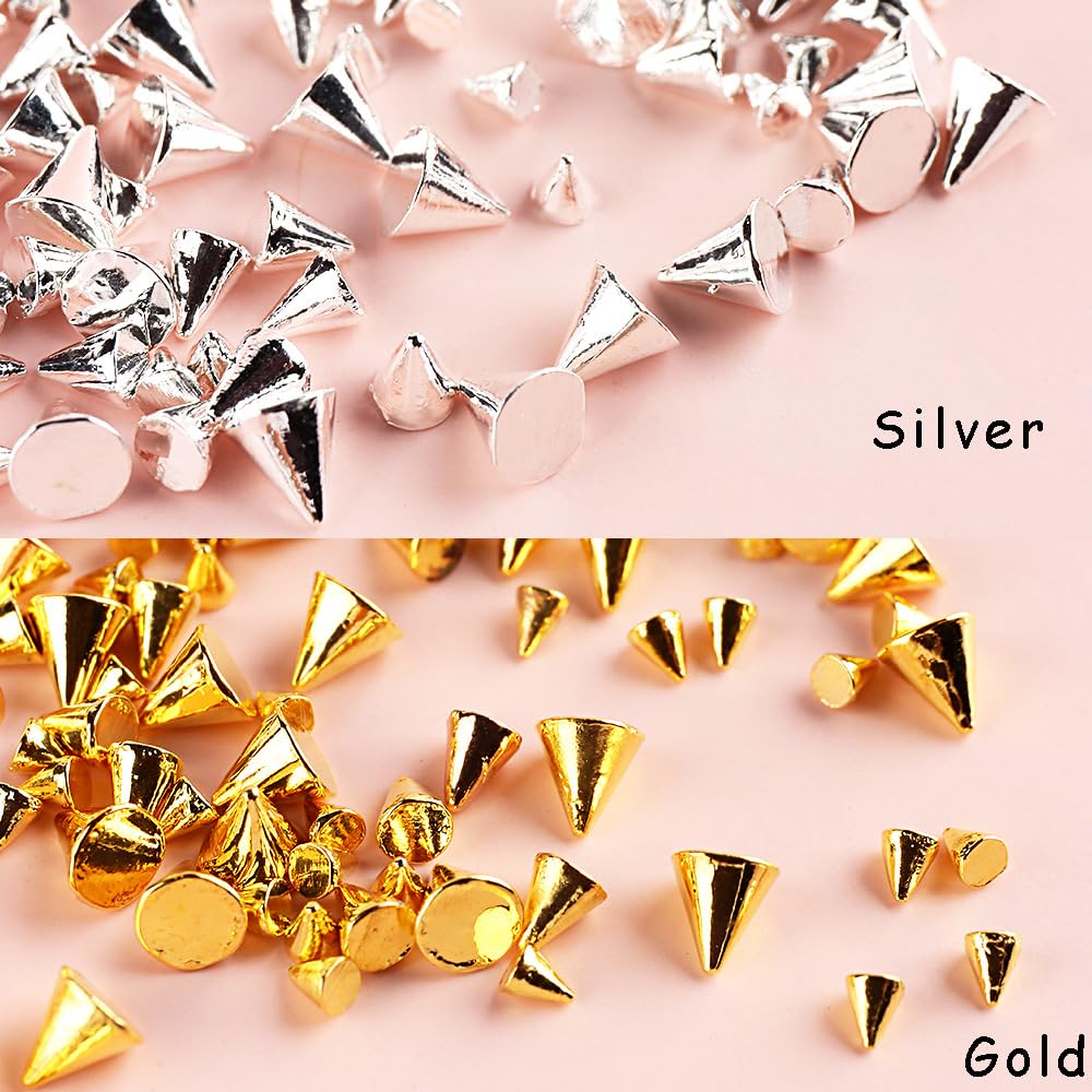 Mini Metal Rivet Punk Nail Charms - Gold & Silver Cone Nail Art Studs, Alloy Spike Studs for Acrylic Nails - DIY Nail Jewelry Decorations | Perfect for Gothic, Punk & Edgy Nail Art Designs