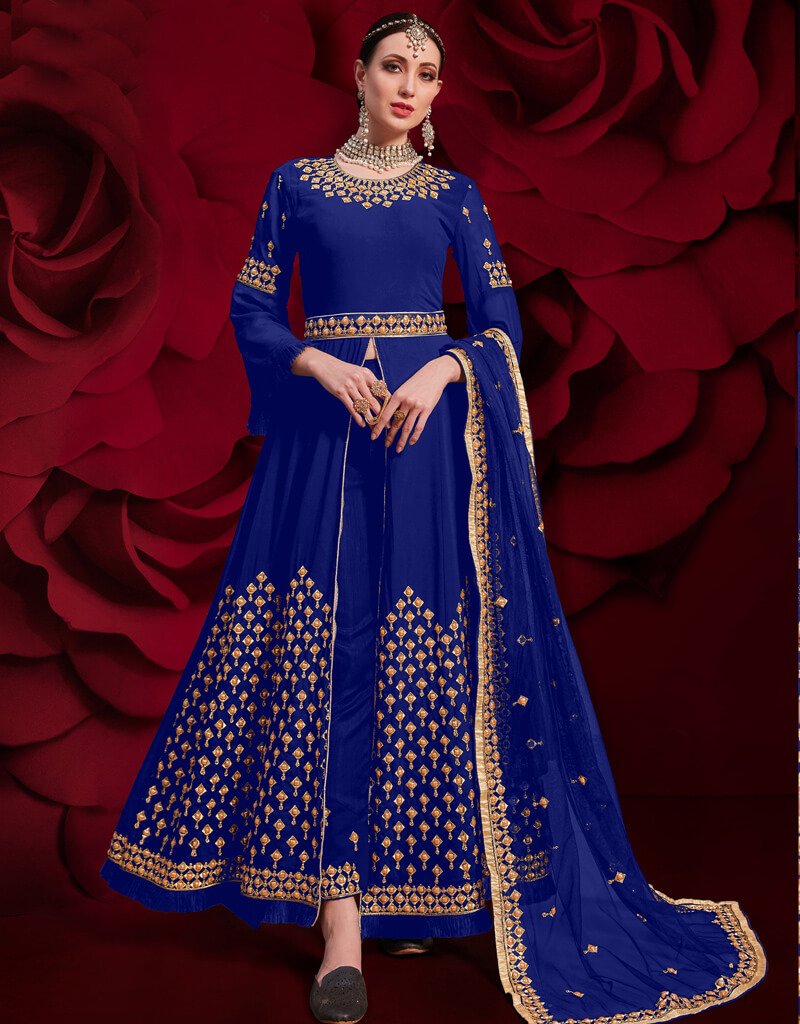 Blue Pure Georgette Anarkali Pant Suit for Women - Elegant Indian Ethnic Wear for Weddings, Parties & Festive Occasions