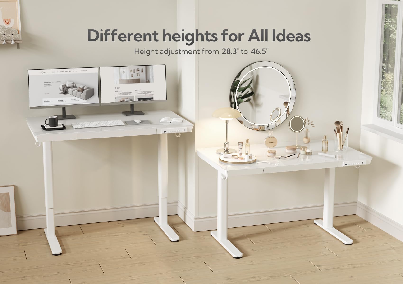 Claiks 55 Inch Adjustable Height Standing Desk with Drawers & USB Ports - White | Quick Assembly Home Office Computer Desk for Work & Study | Ergonomic Sit Stand Workstation for Small Spaces