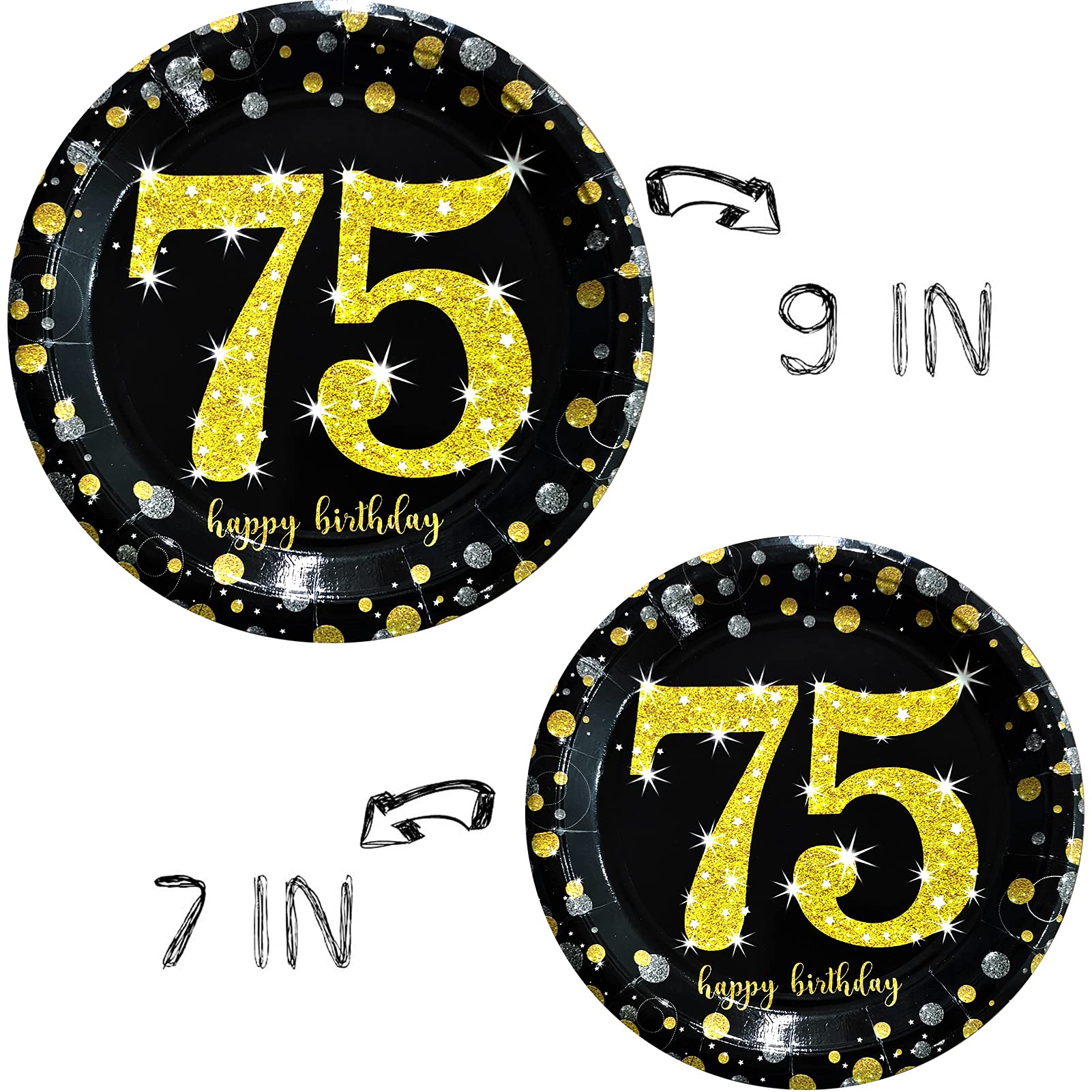 Trgowaul 75th Birthday Party Supplies Set - 24-Piece Black & Gold Disposable Tableware Kit with Plates, Napkins, Cups, Cutlery & Tablecover + Number Balloon Decorations - Perfect for Milestone Celebrations & Retirement Parties