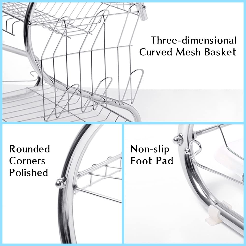 Stainless Steel 2-Tier Dish Drying Rack with Drainboard - Kitchen Counter Organizer for Utensils & Cups
