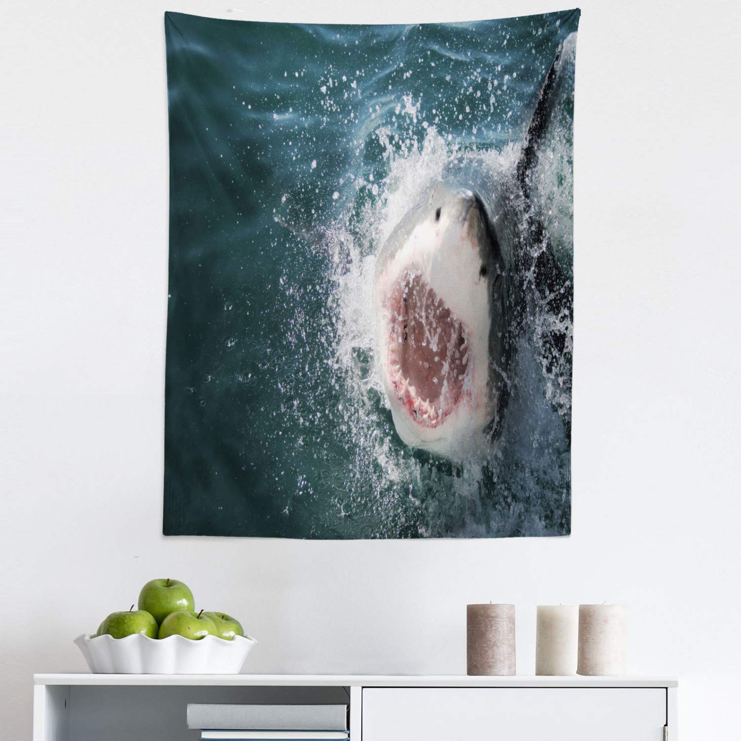 Ambesonne Shark Tapestry - Wild Ocean Animal Attack with Teeth Design, Blue Grey White Fabric Wall Art for Bedroom, Living Room, Dorm Decor - 23x28 Inches - Perfect for Shark Lovers & Marine Theme Rooms