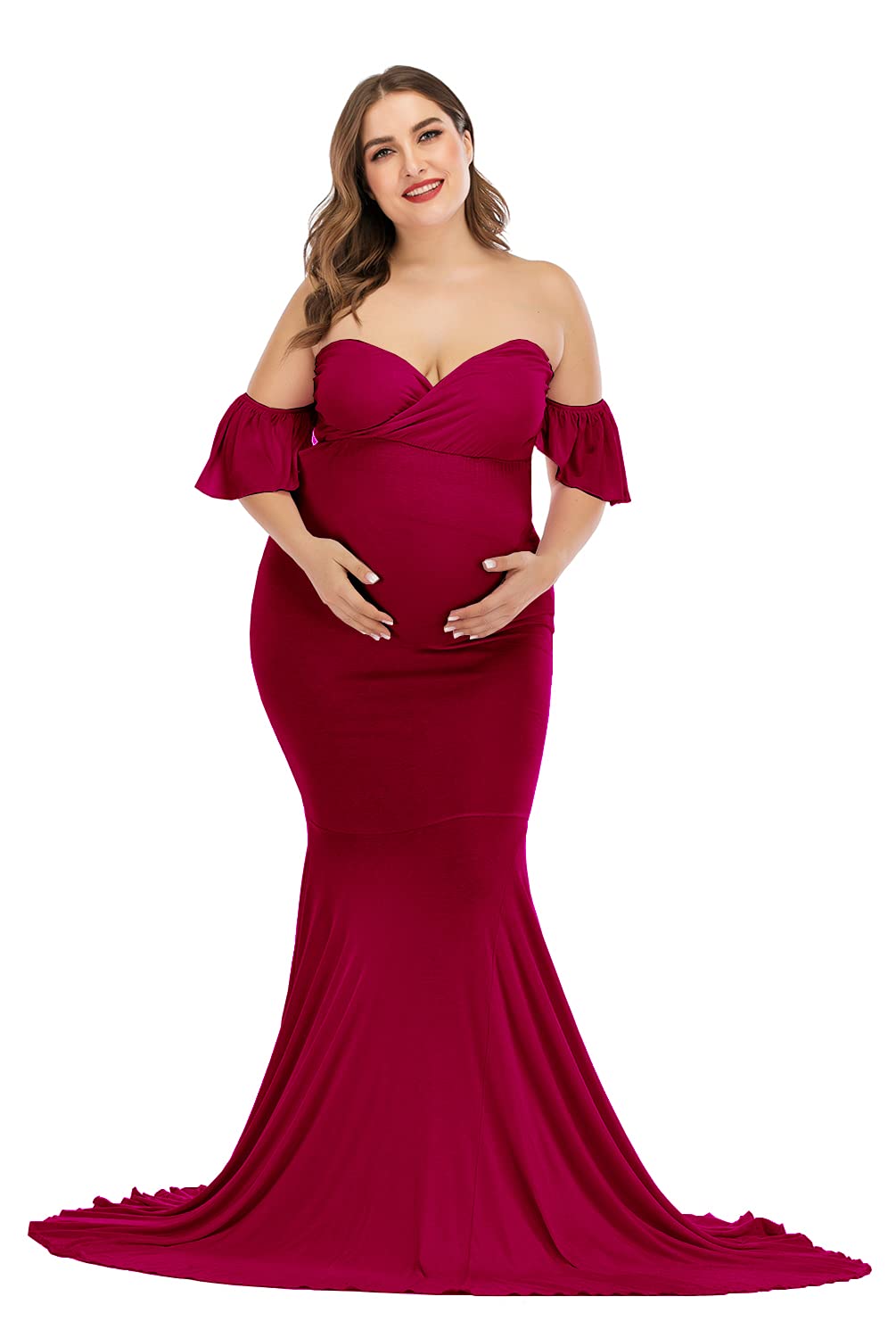 ZIUMUDY Elegant Off Shoulder Maternity Dress - Fitted Photo Shoot Gown, Wrap Mermaid Style Baby Shower Dress for Pregnancy Photoshoot, Bridal Shower & Special Occasions