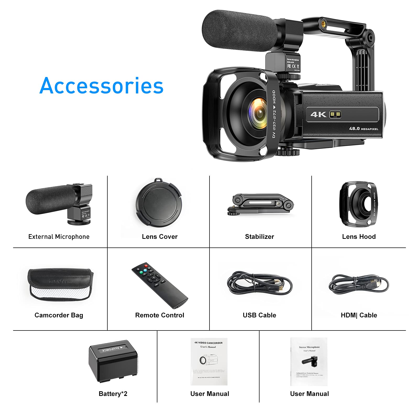 4K Ultra HD Camcorder with WiFi, 48MP IR Night Vision, 16X Digital Zoom - Vlogging Camera with External Microphone, Lens Hood & Tripod Holder for YouTube, Travel & Home Videos