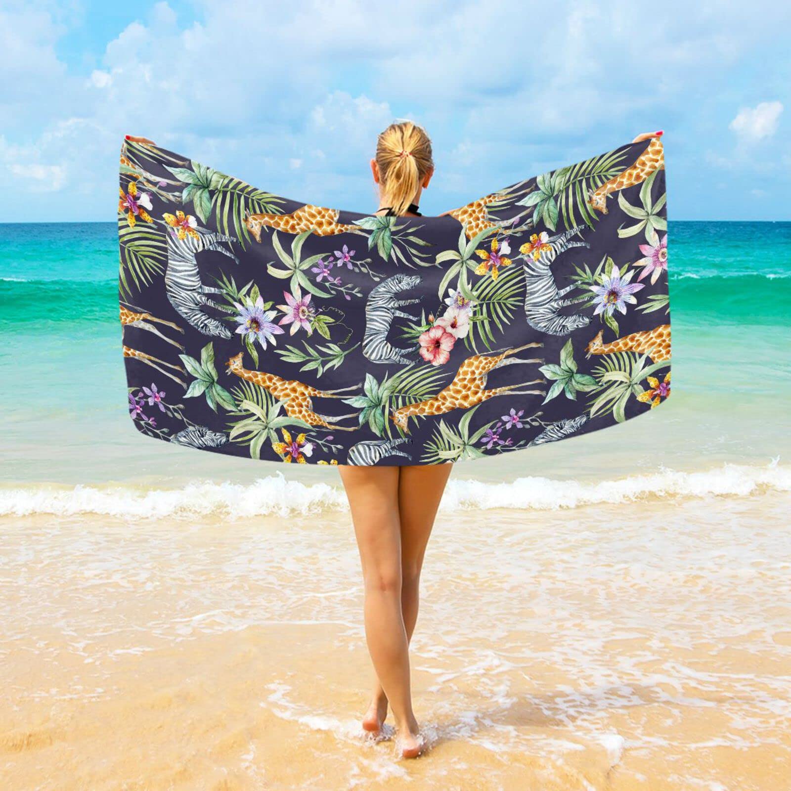 DOMIKING Tropical Palm Leaves Giraffe Zebra Beach Towels - Oversized 74