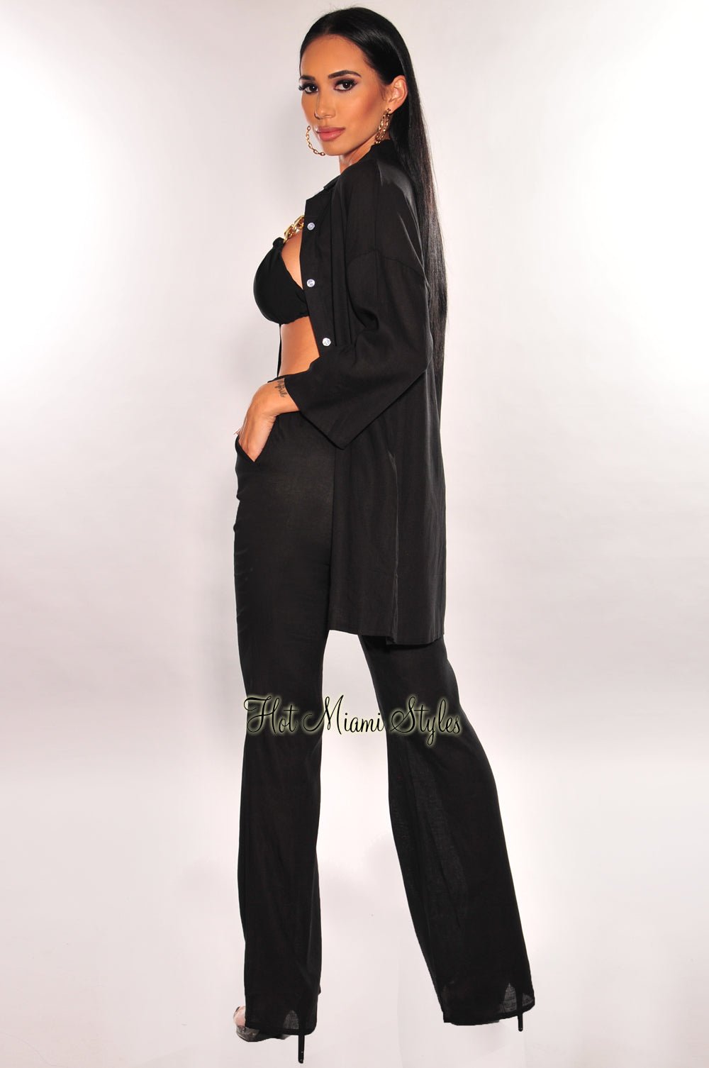 Black Linen Collared Button Up ¾ Sleeves Palazzo Pants Two Piece Set - Women's Summer Outfit for Beach Vacation & Casual Wear