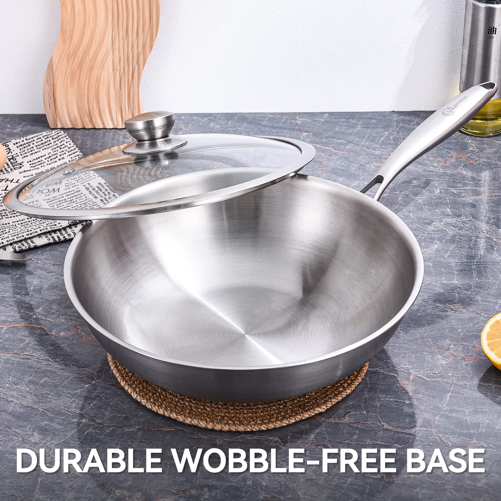 LOLYKITCH 13-Inch Tri-Ply Stainless Steel Wok Pan with Glass Lid - Induction Compatible Stir Fry Pan, Oven & Dishwasher Safe, Heavy Duty Wok with Detachable Handle - Perfect for Asian Cooking, Stir-Frying, Deep Frying & Home Chef Use