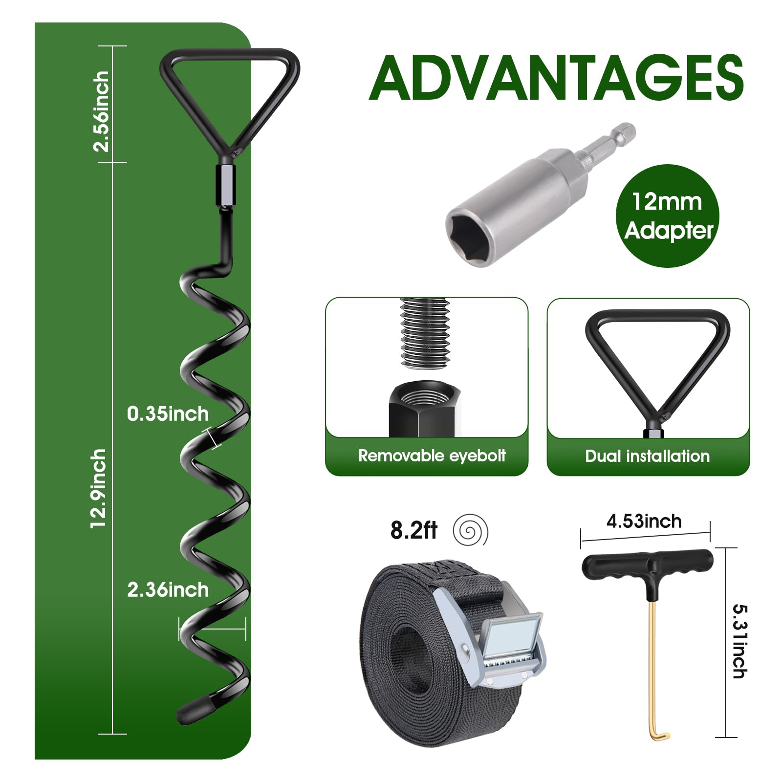 Heavy Duty Trampoline Anchors Kit - 4 Pack Screw-In Ground Stakes with Straps for High Wind Stability - Secure Outdoor Trampolines for Kids & Backyard Safety