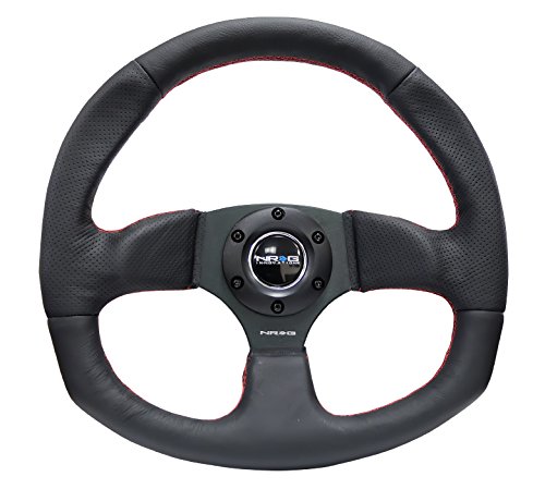 NRG Innovations NRG-RST-009R-RS Black Leather Steering Wheel with Red Stitch - High Performance Reinforced Racing Wheel for Drifting, Track & Street Use