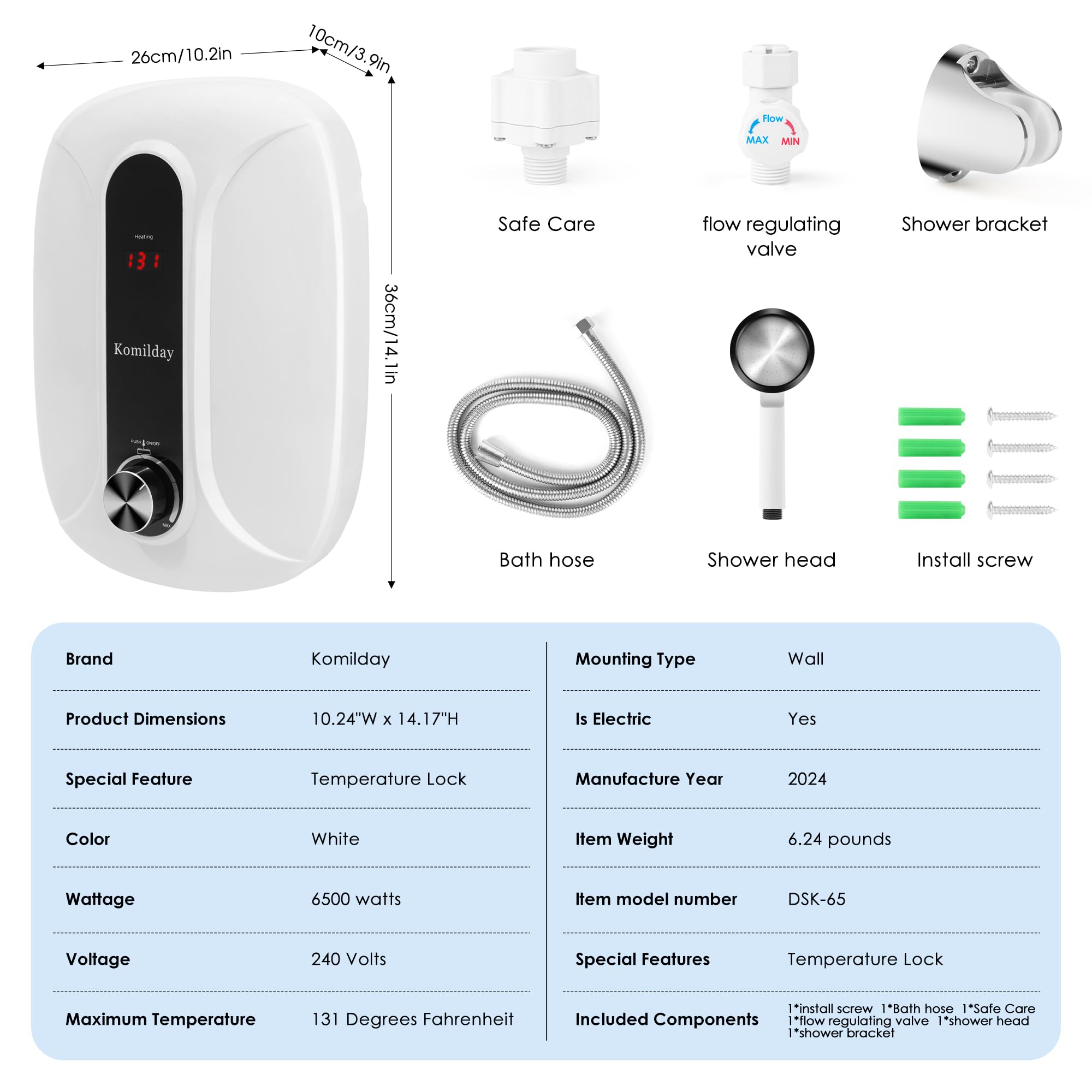 **240V 6500W Electric Tankless Water Heater with LED Temperature Display - Instant Hot Water for Bathroom, Kitchen & Sink - Overheating Protection, White (Ideal for Small Homes, Apartments & RVs)**