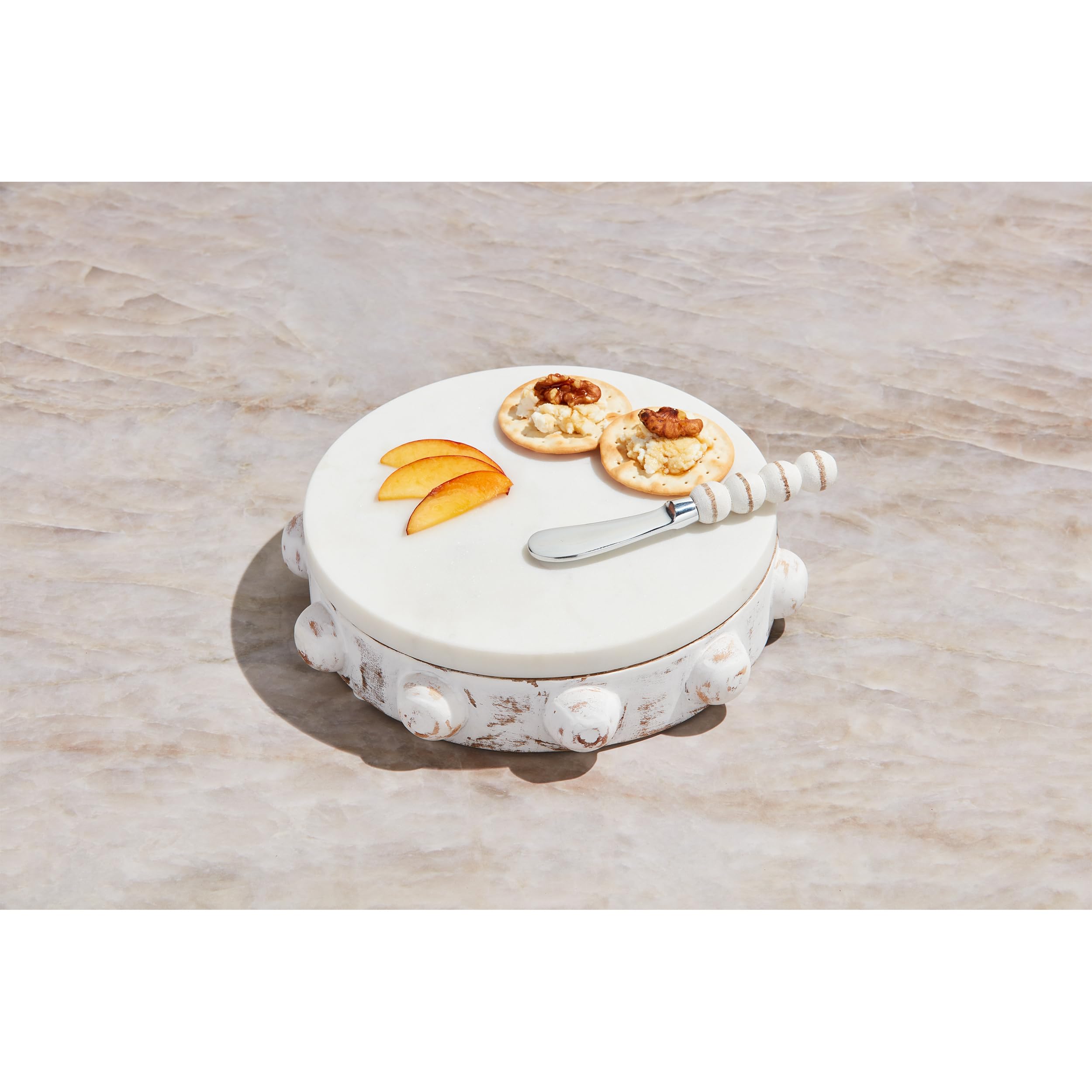 Mud Pie Beaded Marble Wood Pedestal Stand - 2.25