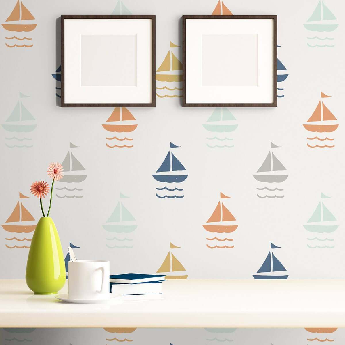 White and Orange Boats Baby Peel and Stick Removable Wallpaper 6023 - Easy DIY Nursery Decor for Kids' Room & Playroom
