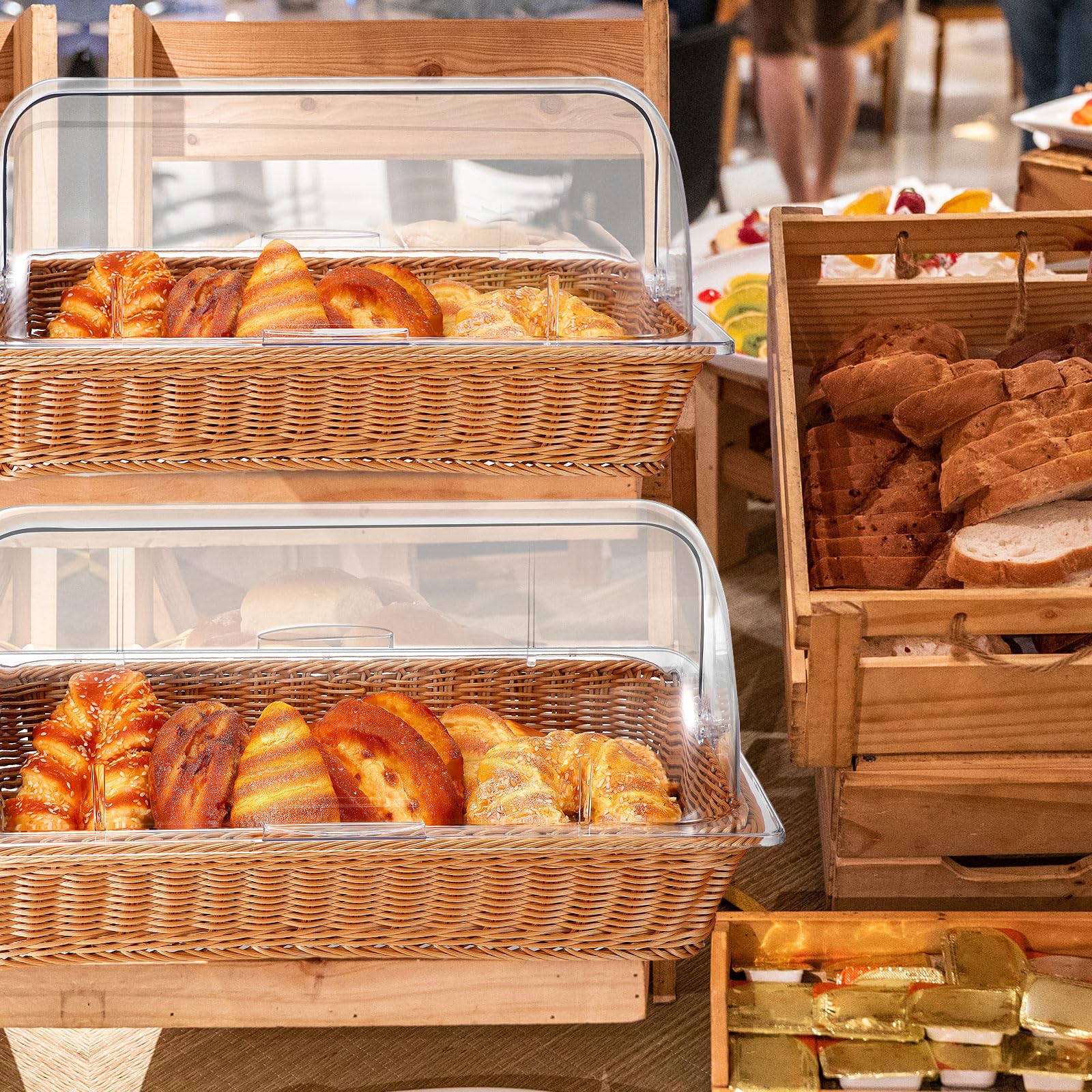 2-Pack Wicker Bread Baskets with Acrylic Lids & Serving Tongs - 21.06