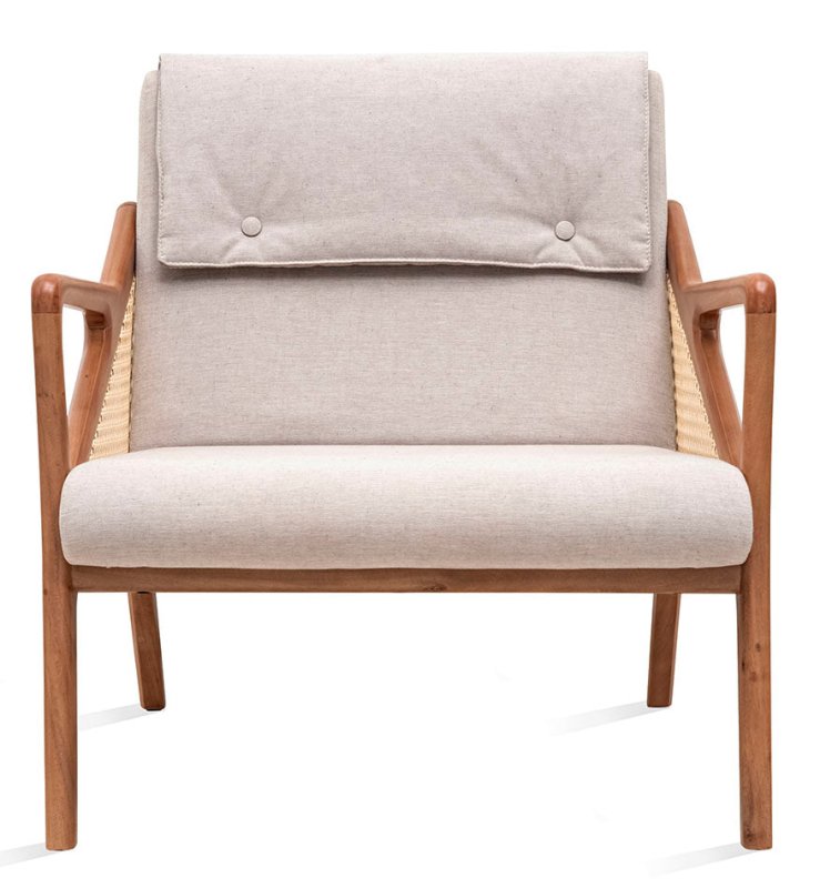 Handmade Designer Cane and Upholstered Lounge Chair - Mid-Century Modern Accent Chair for Living Room, Bedroom & Office - Comfortable Reading Chair with Woven Rattan Backrest