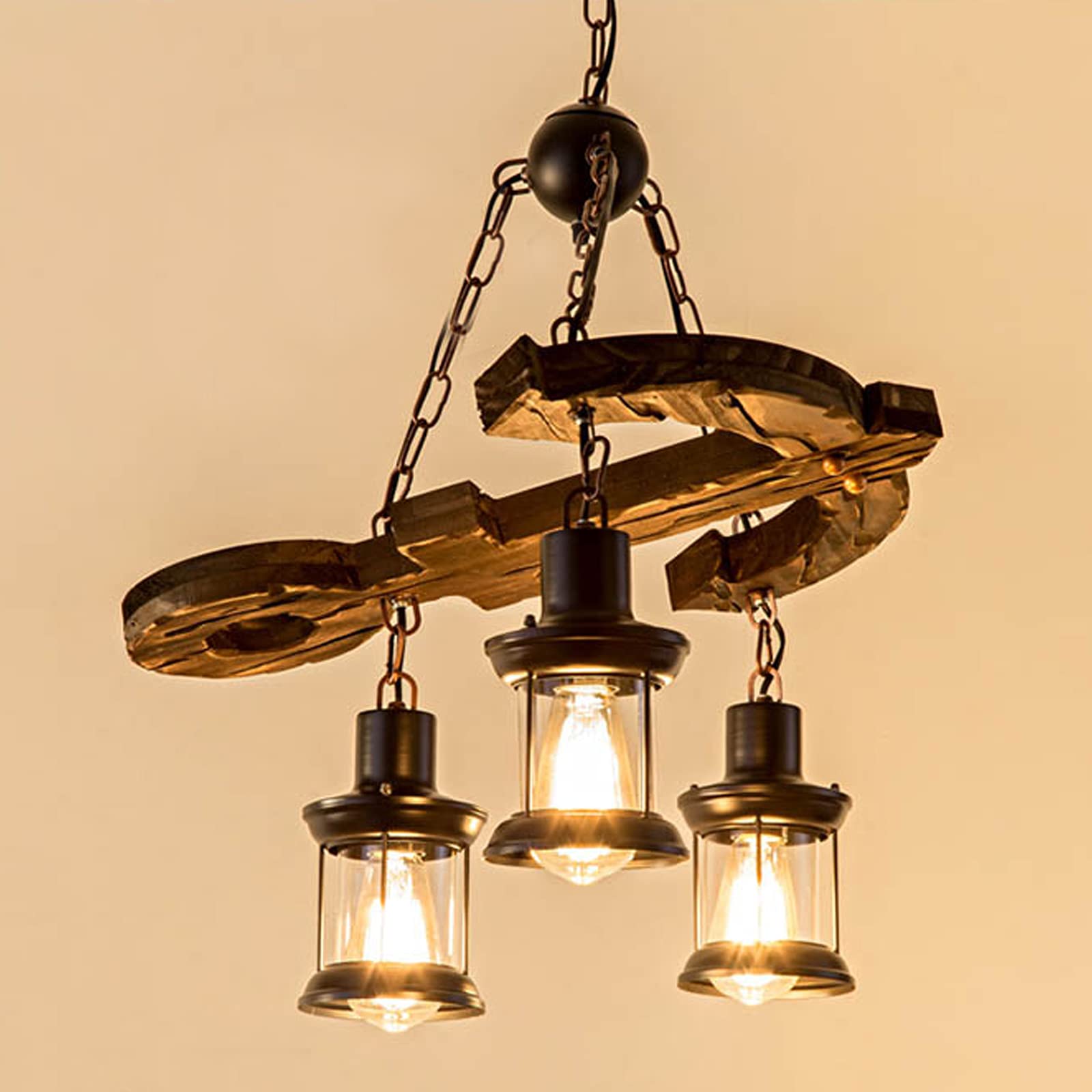 TFCFL Industrial 3-Light Chandelier - Retro Anchor Wooden Island Pendant Lamp - Hanging Ceiling Fixture for Indoor, Bar, Restaurant - Perfect for Farmhouse, Loft & Industrial Decor