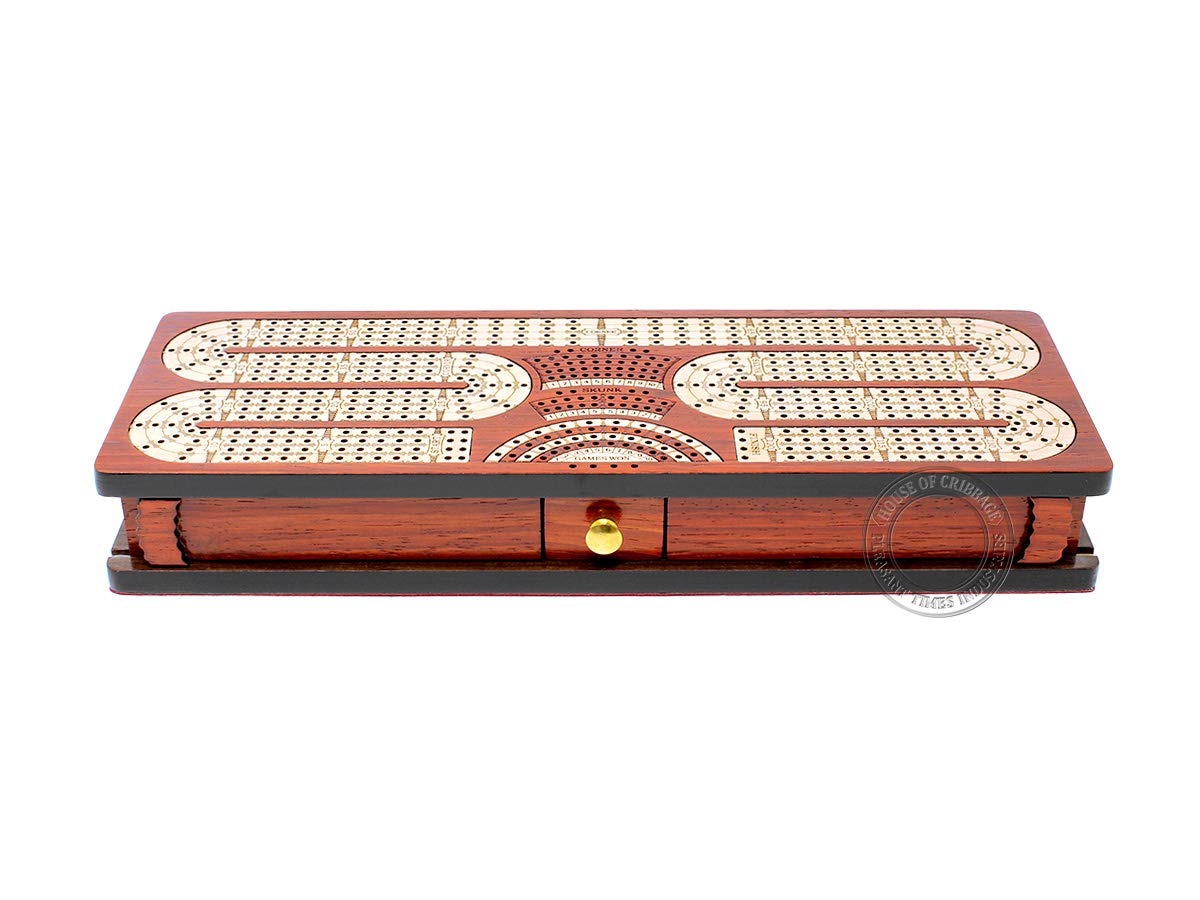 Premium Continuous Cribbage Board with 4 Tracks - Handcrafted Bloodwood & Maple Inlaid Game Box with Sliding Lids, Drawer & Scoring Fields | Perfect for Family Game Nights, Travel & Tournament Play