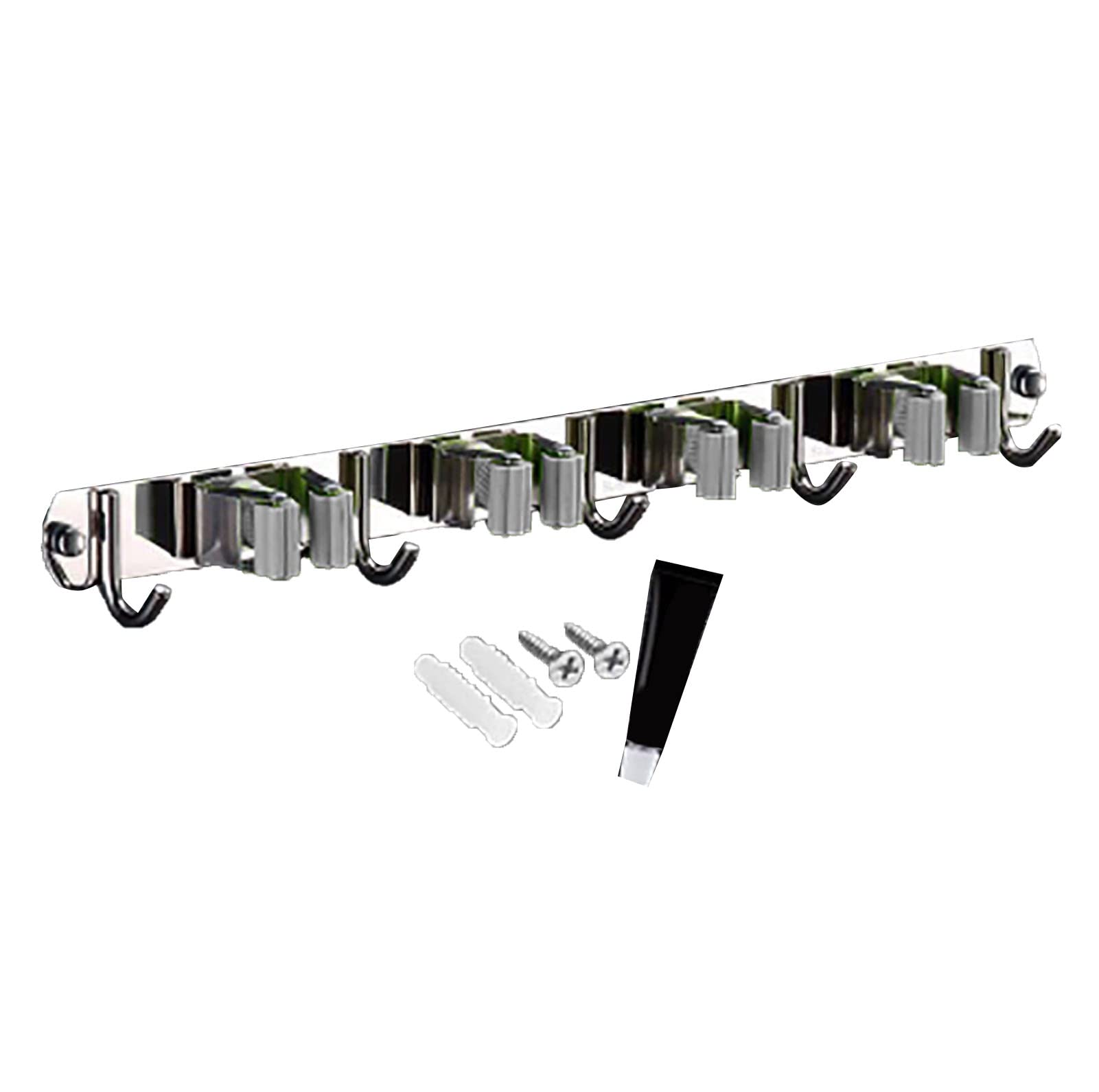 Wall Mount Mop and Broom Holder with 4 Clips & 5 Hooks - Space Saving Gray Mop Rack for Kitchen, Bathroom, Garage Organization - Perfect for Storing Cleaning Tools, Brooms, and Dustpans