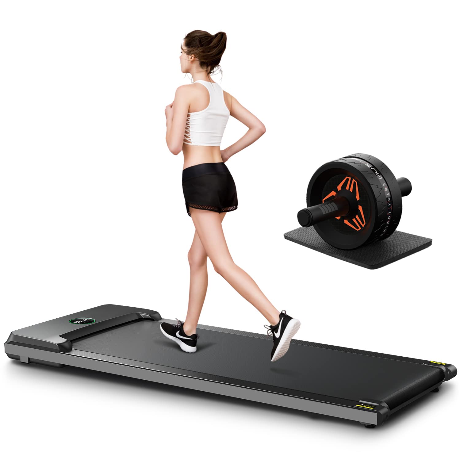 RHYTHM FUN Mini Walking Treadmill with Ab Roller - Portable Under Desk Treadmill for Home & Office Workout, Walking Exercise Machine for Small Spaces - Perfect for Home Gym, Office Fitness & Apartment Workouts
