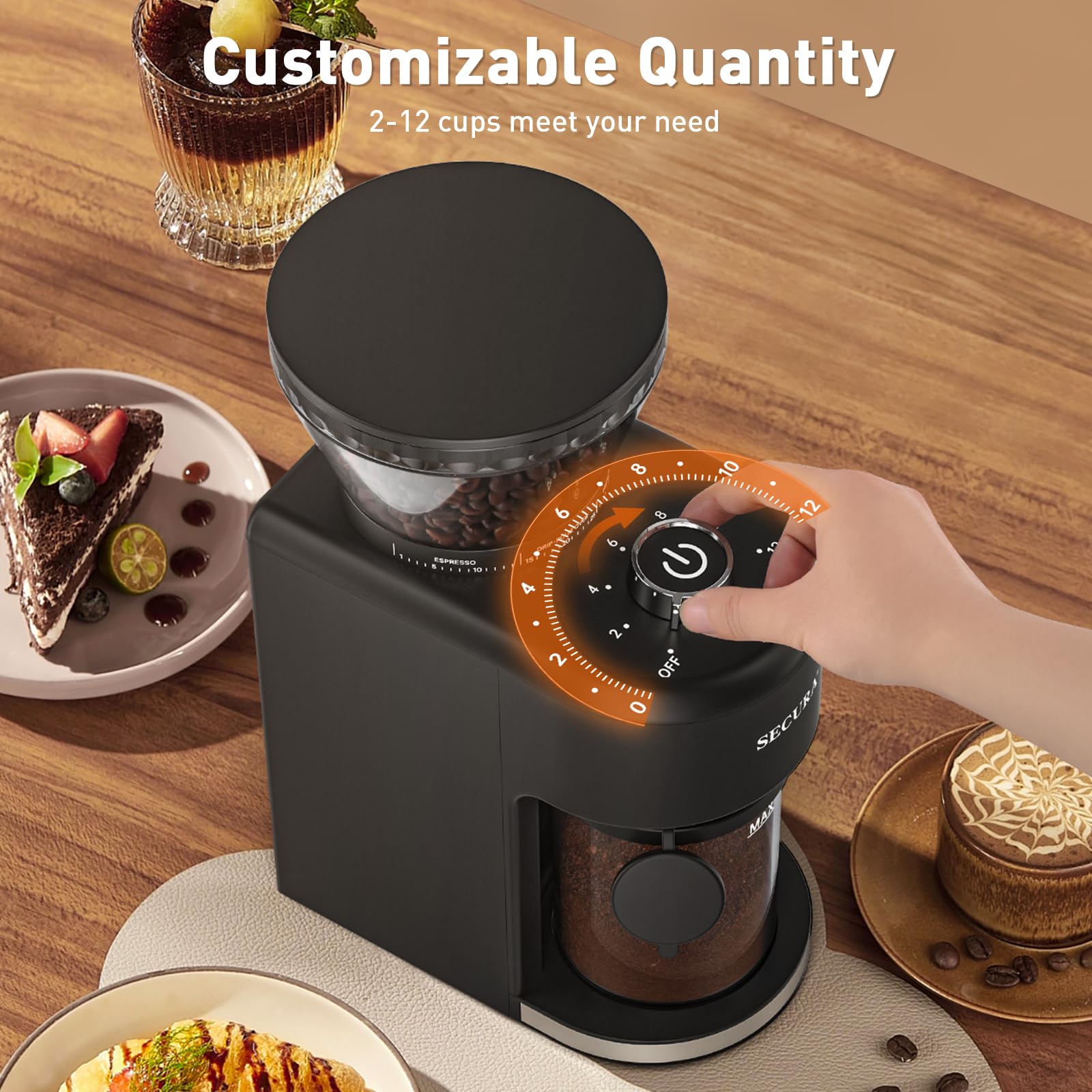 Secura Stainless Steel Conical Burr Coffee Grinder - 35 Precise Grind Settings for Espresso to French Press, 2-12 Cup Capacity with 8.8oz Bean Hopper, One-Touch Electric Operation - Perfect for Home Baristas & Coffee Enthusiasts