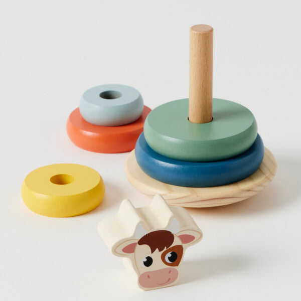 Wooden Stacking Rings Tower Toy for Toddlers - Montessori Educational Learning Game for Kids - Perfect for Birthday Gifts & Early Childhood Development (Cow Design) - Fun Indoor Activity for Preschoolers