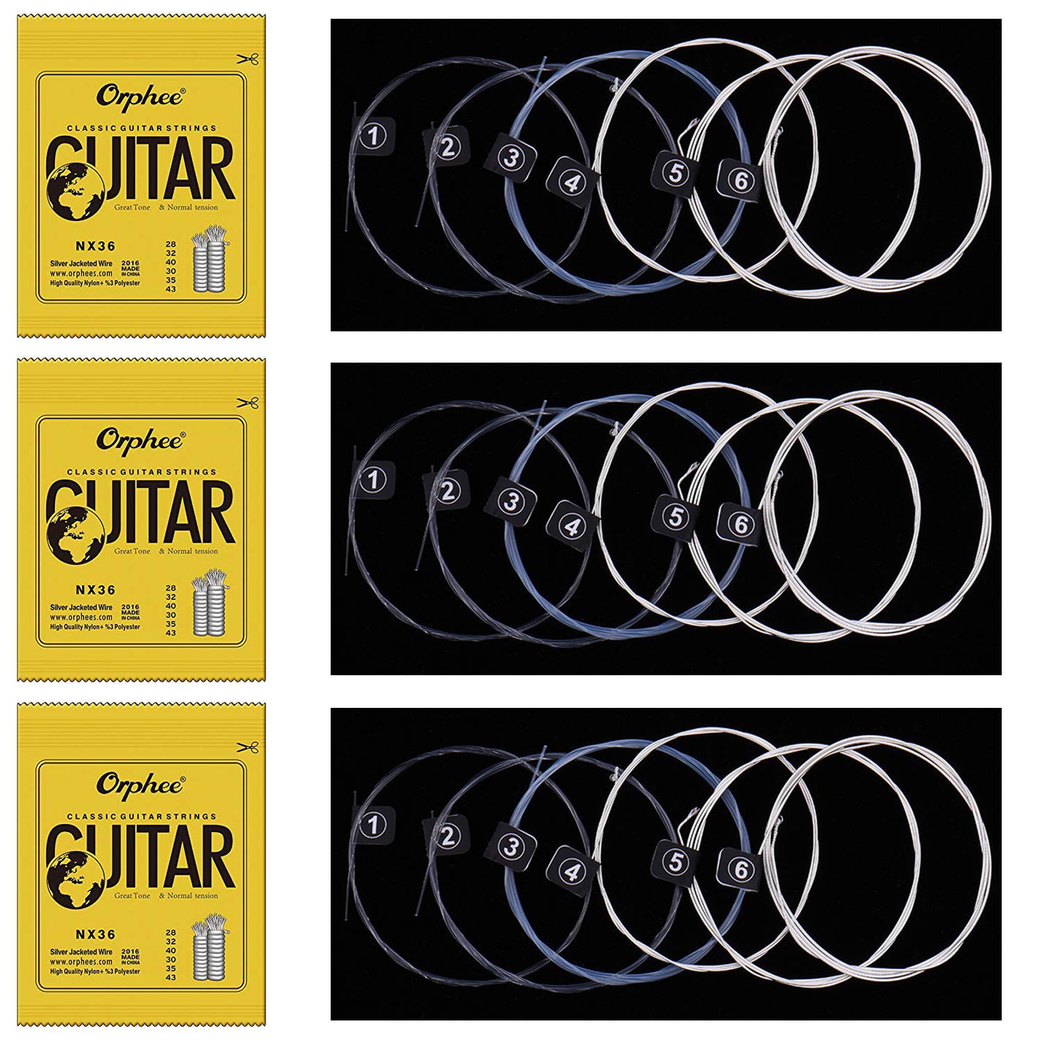 3 Packs Full Set Replacement Orphee NX36 Clear Nylon Silver Plated Classical Guitar Strings - Standard Tension (.028 .032 .040 .030 .035 .043) - Perfect for Beginners, Professionals & Live Performances