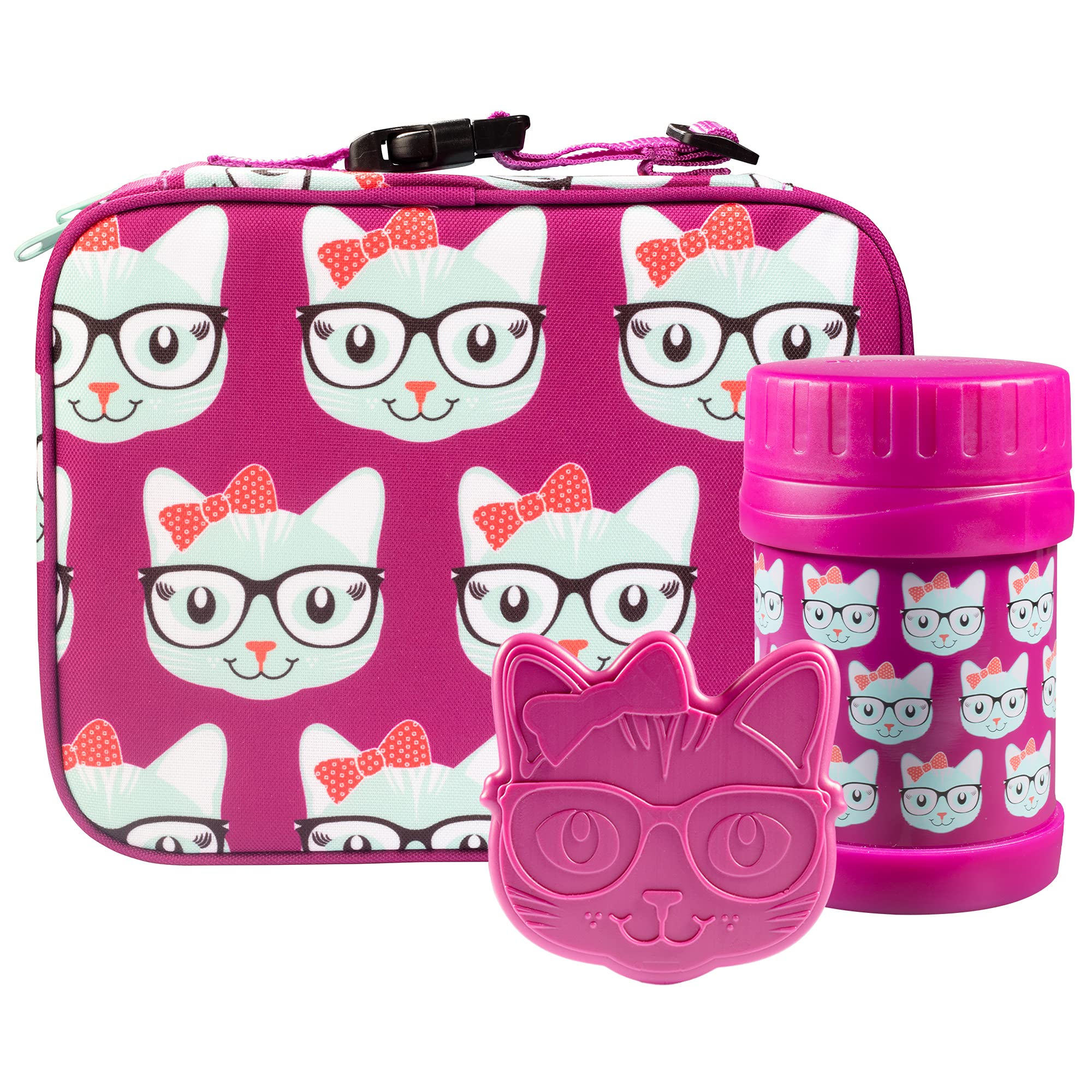 Bentology Kids Insulated Lunch Bag Set with Reusable Hard Ice Pack & Double-Insulated Food Jar - Cute Kitty Design School Lunch Box for Girls | Perfect for School, Picnics & Travel