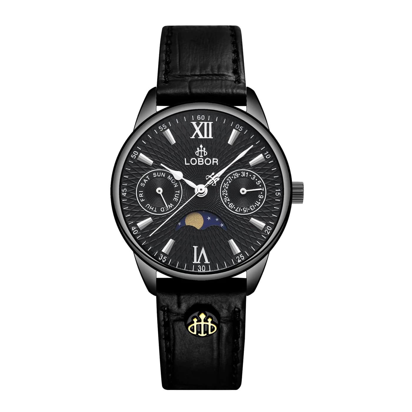 LOBOR 33mm Moonphase Women's Japanese Quartz Watch - Stainless Steel Case with Genuine Leather Strap - Elegant Dress Watch for Women, Perfect for Office, Party & Special Occasions