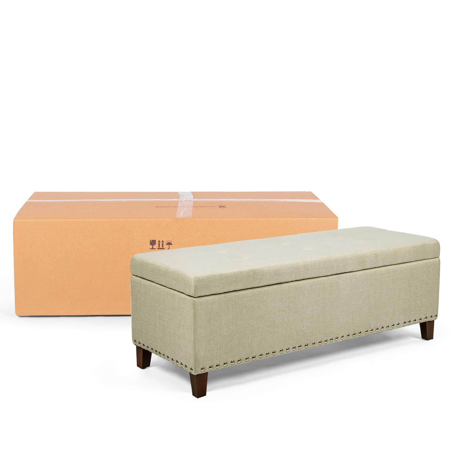 Homebeez Fabric Tufted Storage Ottoman Bench with Nailhead Trim - Multi-Functional Foot Rest Stool & Coffee Table Organizer (Beige Brown) - Perfect for Living Room, Bedroom & Entryway Storage