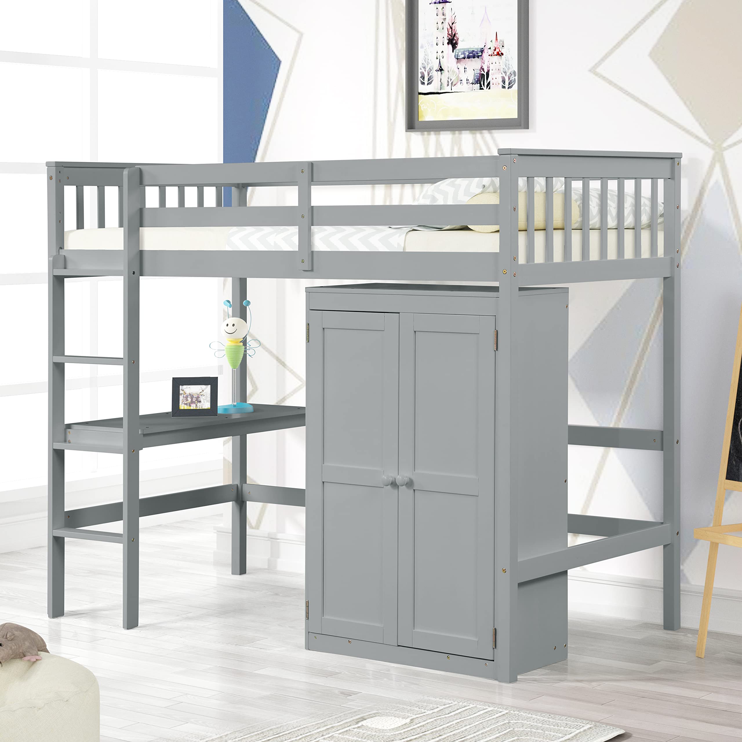 Harper & Bright Designs Twin Size Loft Bed with Desk & Wardrobe - Sturdy Wood Frame in Gray - Perfect for Kids' Bedrooms, Small Spaces & Dorm Rooms